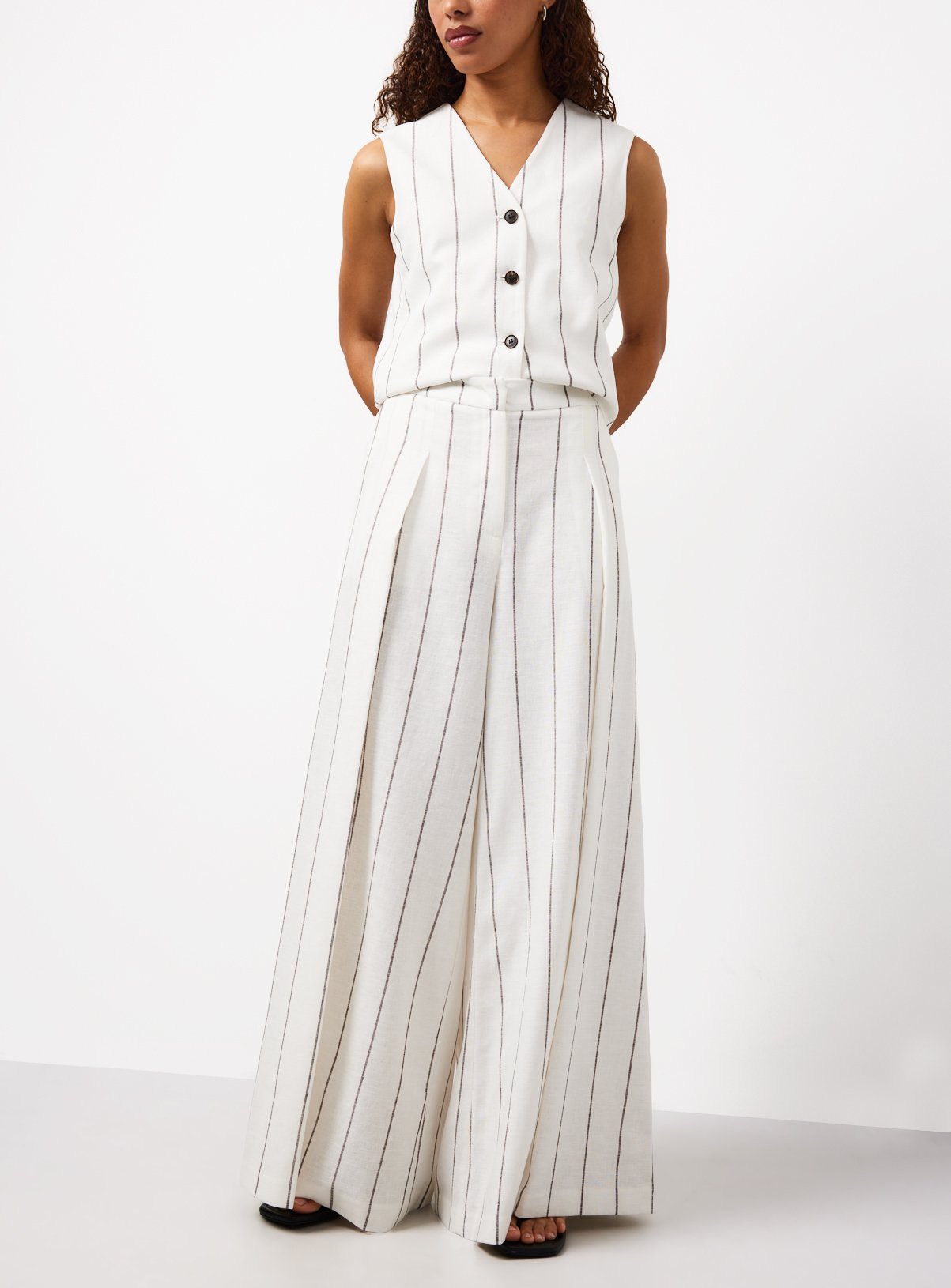 White Stripe Linen Blend Wide Leg Co-ord Trousers
