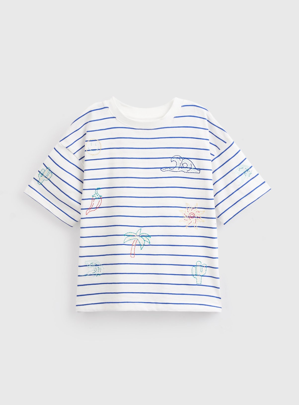 White Stripe Sea Embroidered T-Shirt 