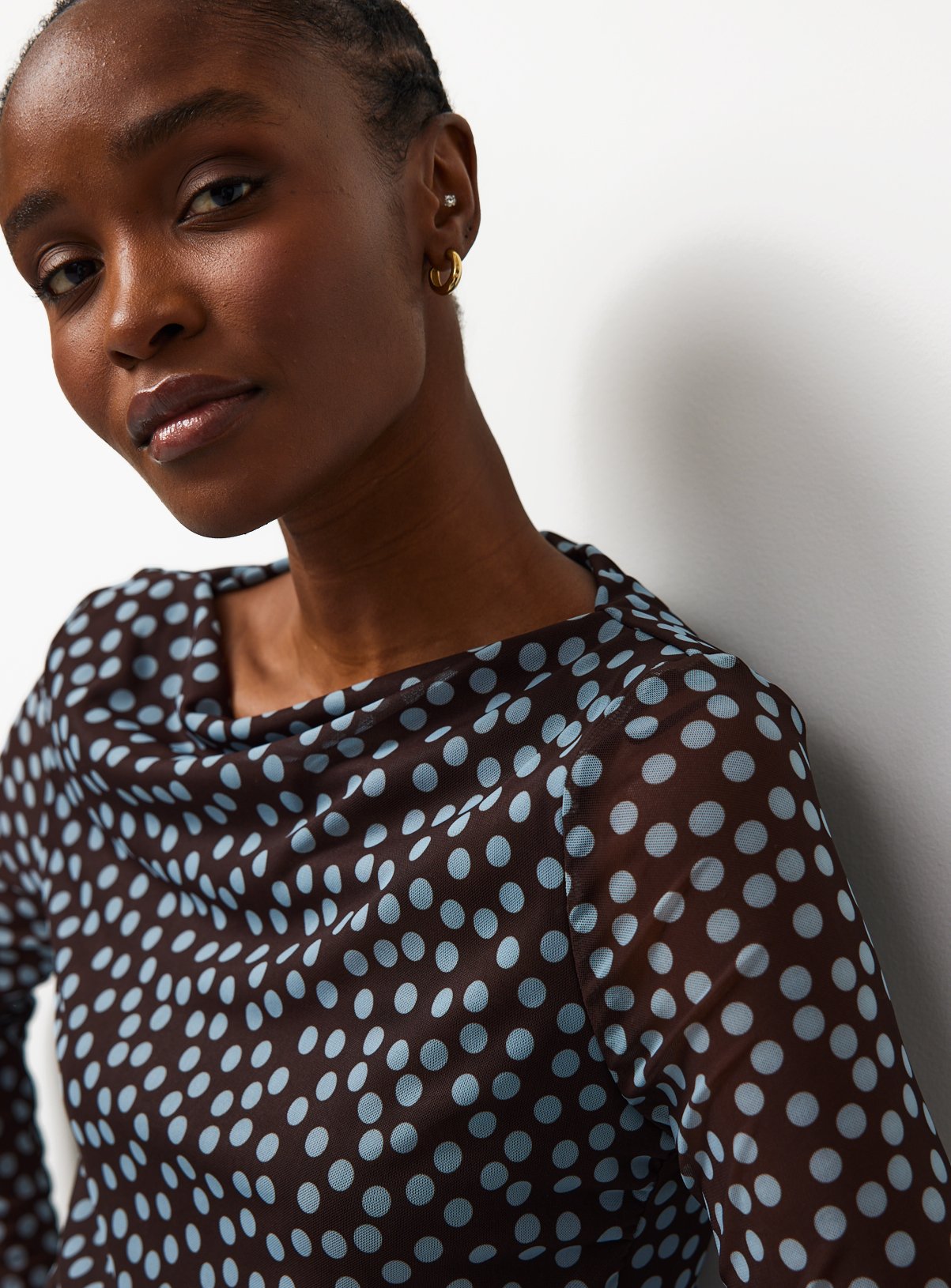 Brown Spot Print Mesh Long Sleeve Top 6