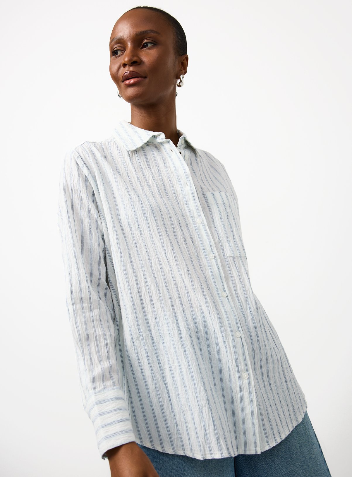 Light Blue Stripe Print Seersucker Long Sleeve Revere Shirt 