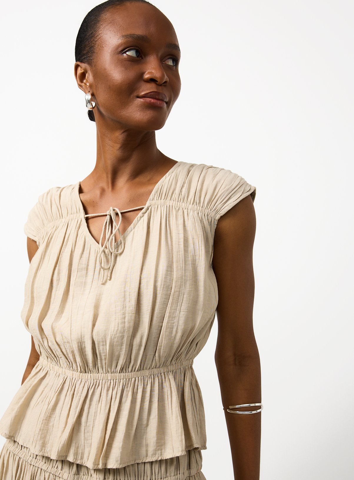 Stone Crinkle Tie Front Co-ord Top 