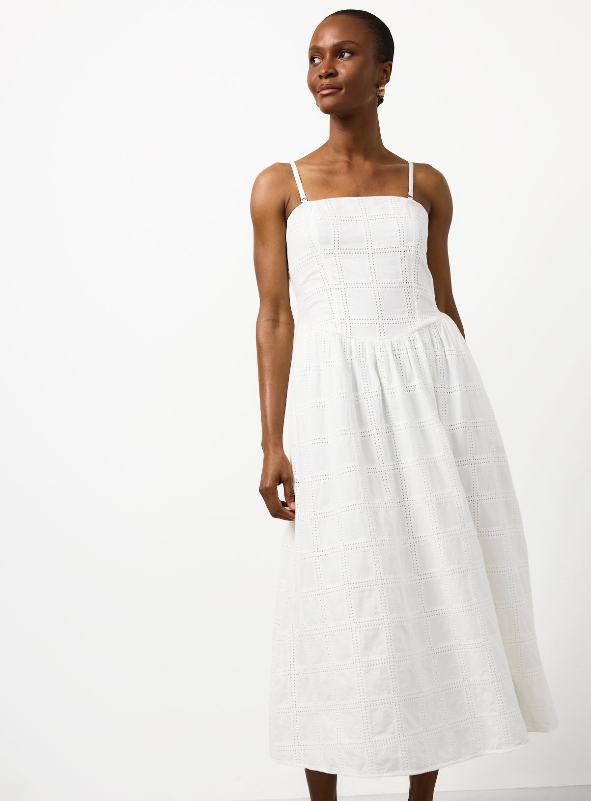 White Lace Square Neckline Sleeveless Waisted Dress 