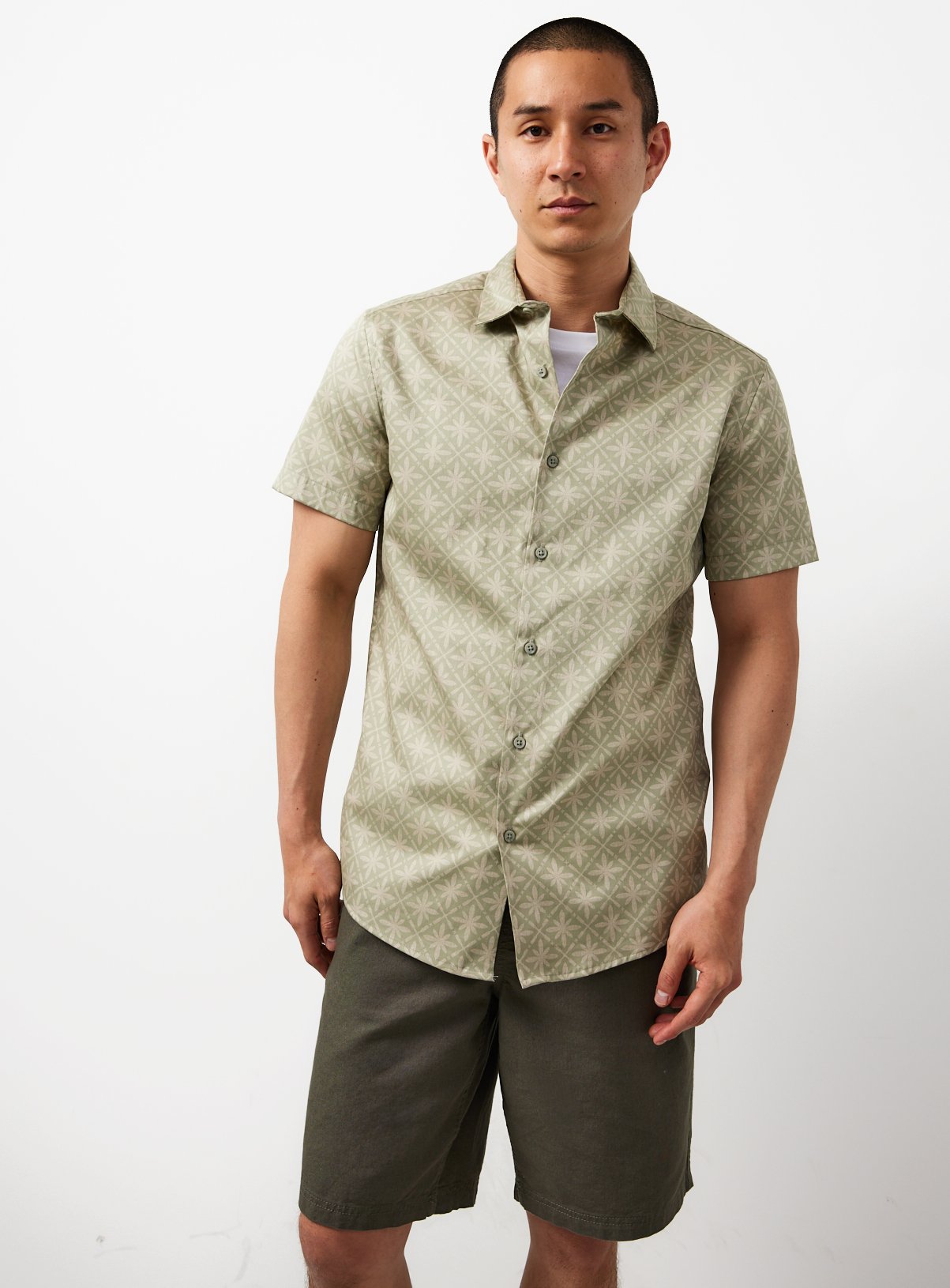 Green Mandala Print Satin Slim Fit Short Sleeve Shirt XXXL