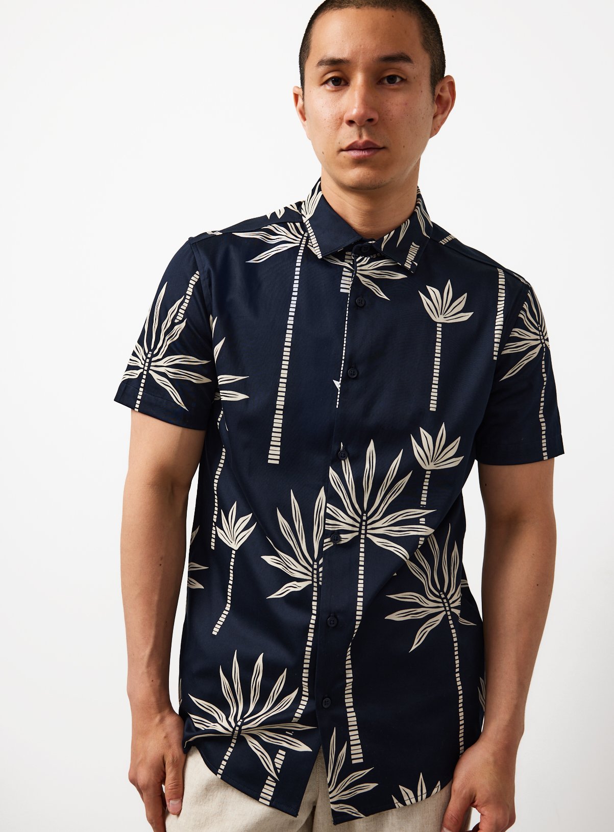Navy Palm Tree Print Satin Slim Fit Short Sleeve Shirt 