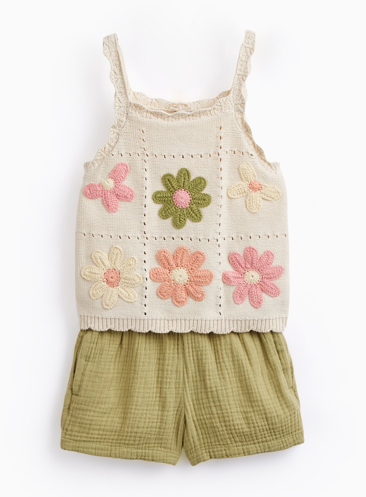White Floral Print Crochet Vest & Shorts Set 3-4 years
