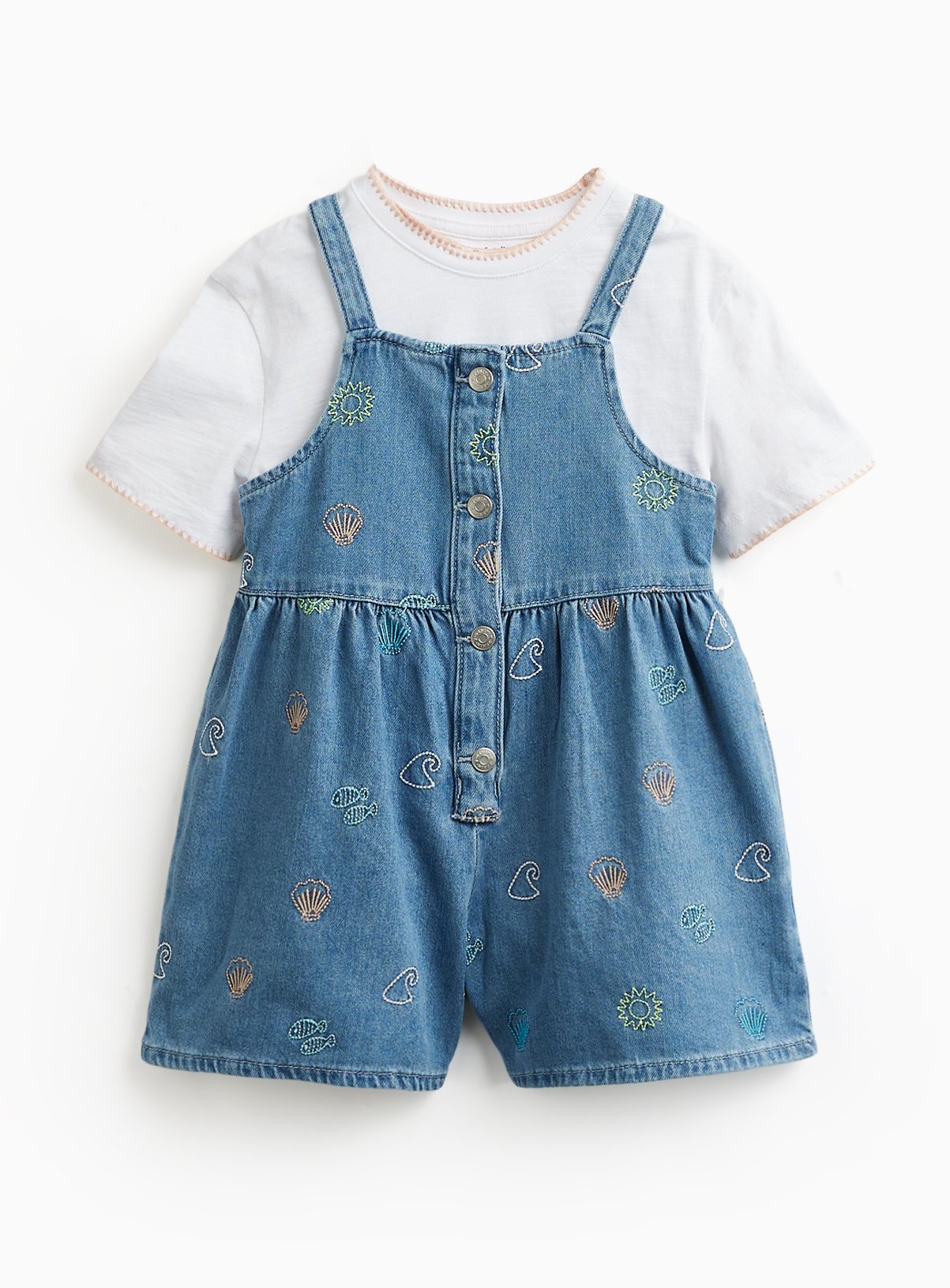 Denim Embroidered Dungarees & T-Shirt Set 