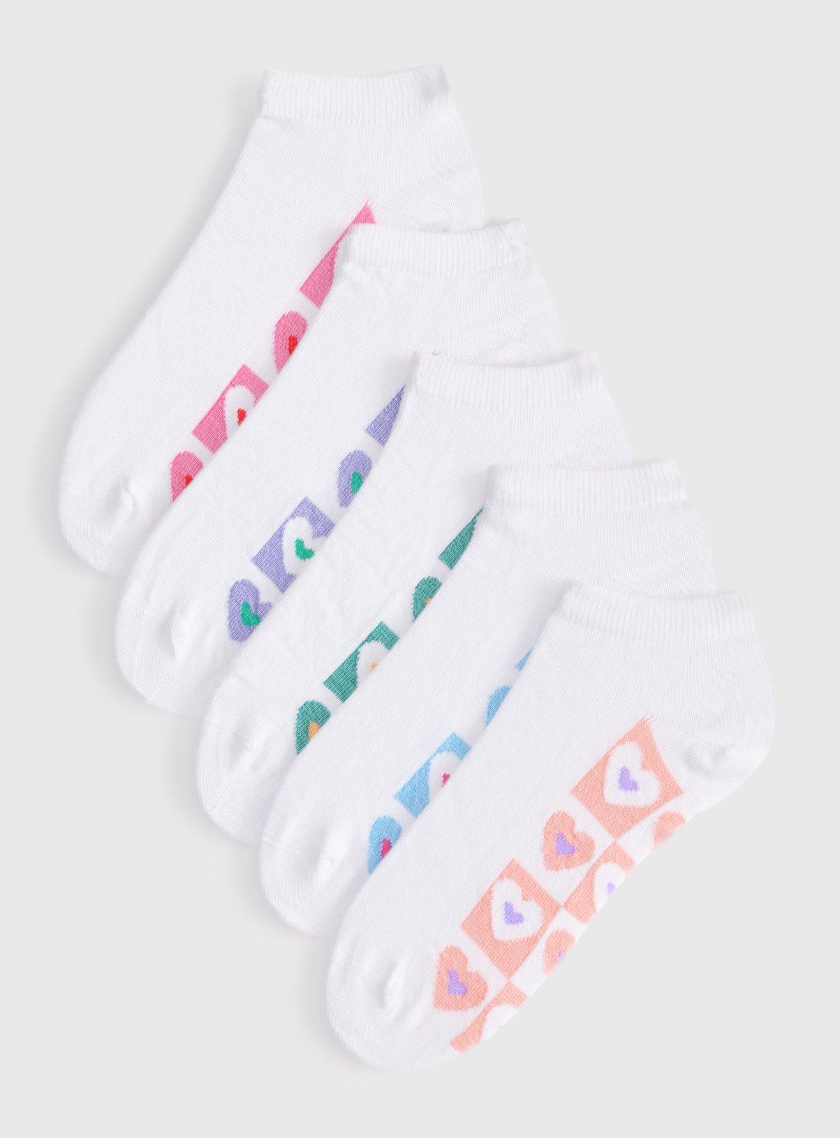 White Heart Print Footbed Trainer Socks 5 Pack 4-8
