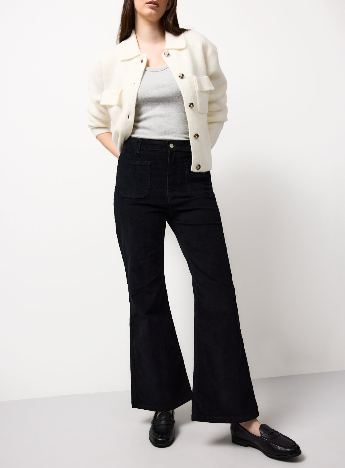 Black Cord Patch Pocket Flared Trousers 20