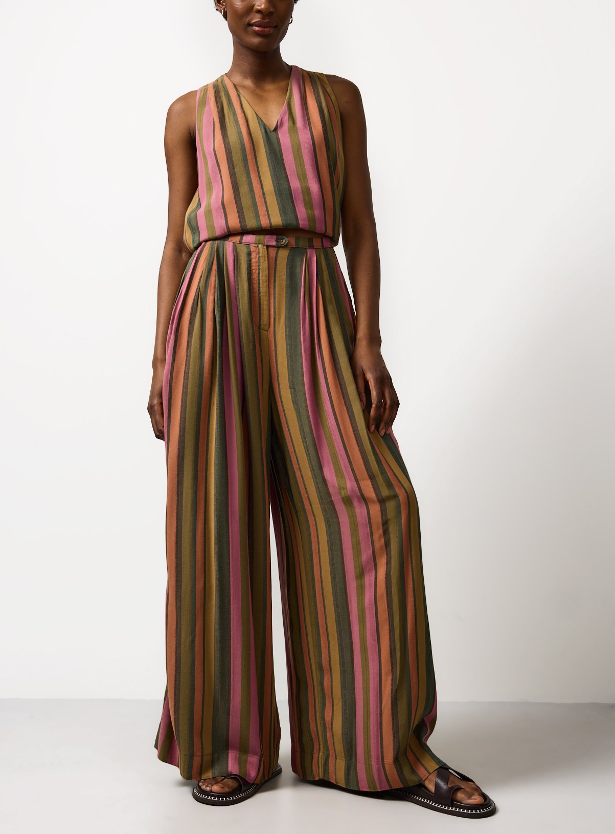 Orange & Green Stripe Wide Leg Trousers 