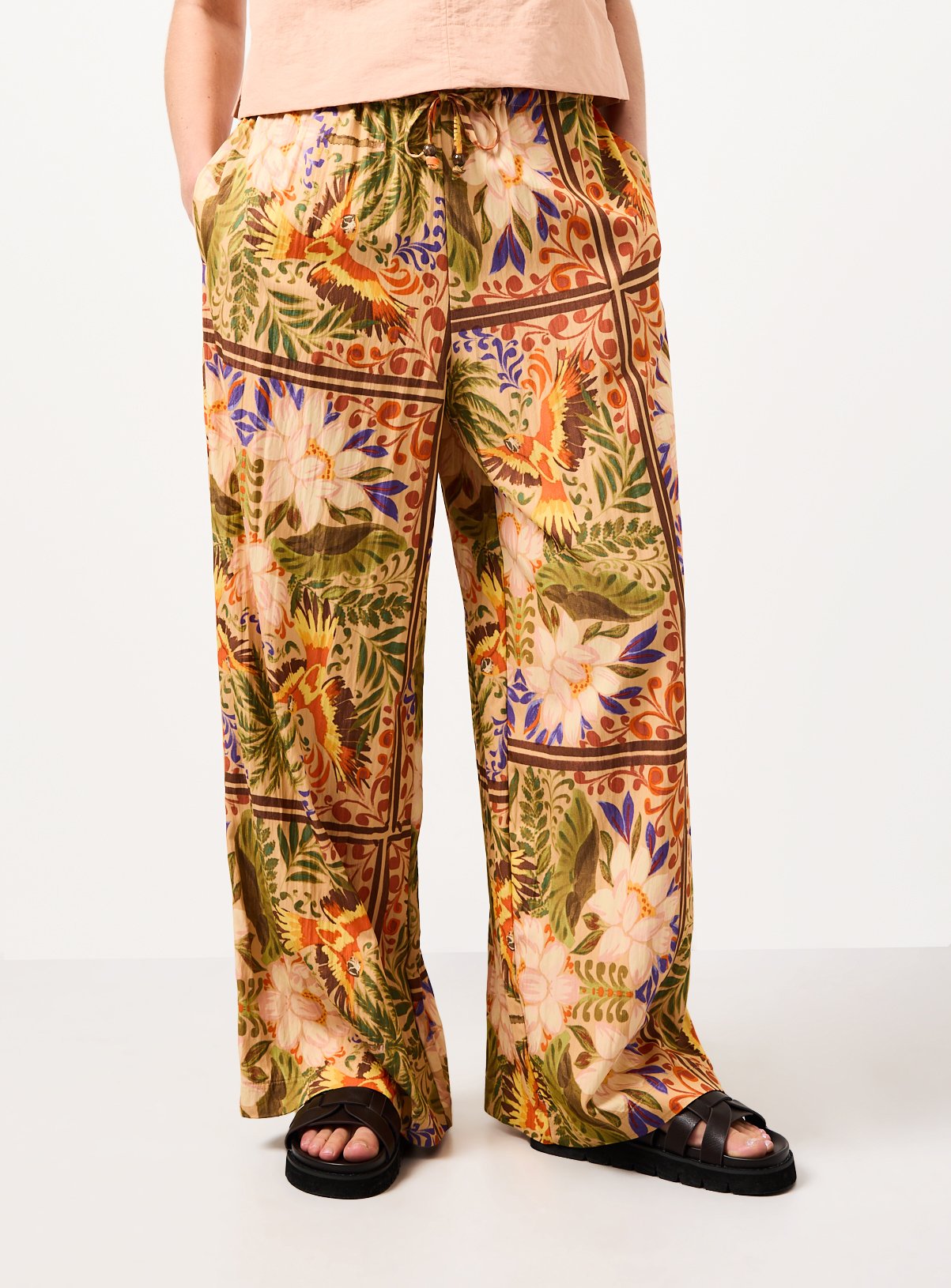 Orange Parrot Palm Print Wide Leg Pull On Trousers 