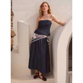 Dark Denim Linen Blend Shirred Full Skirt