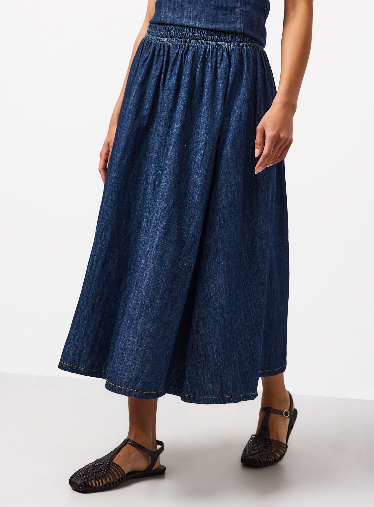 Dark Denim Linen Blend Shirred Full Skirt 