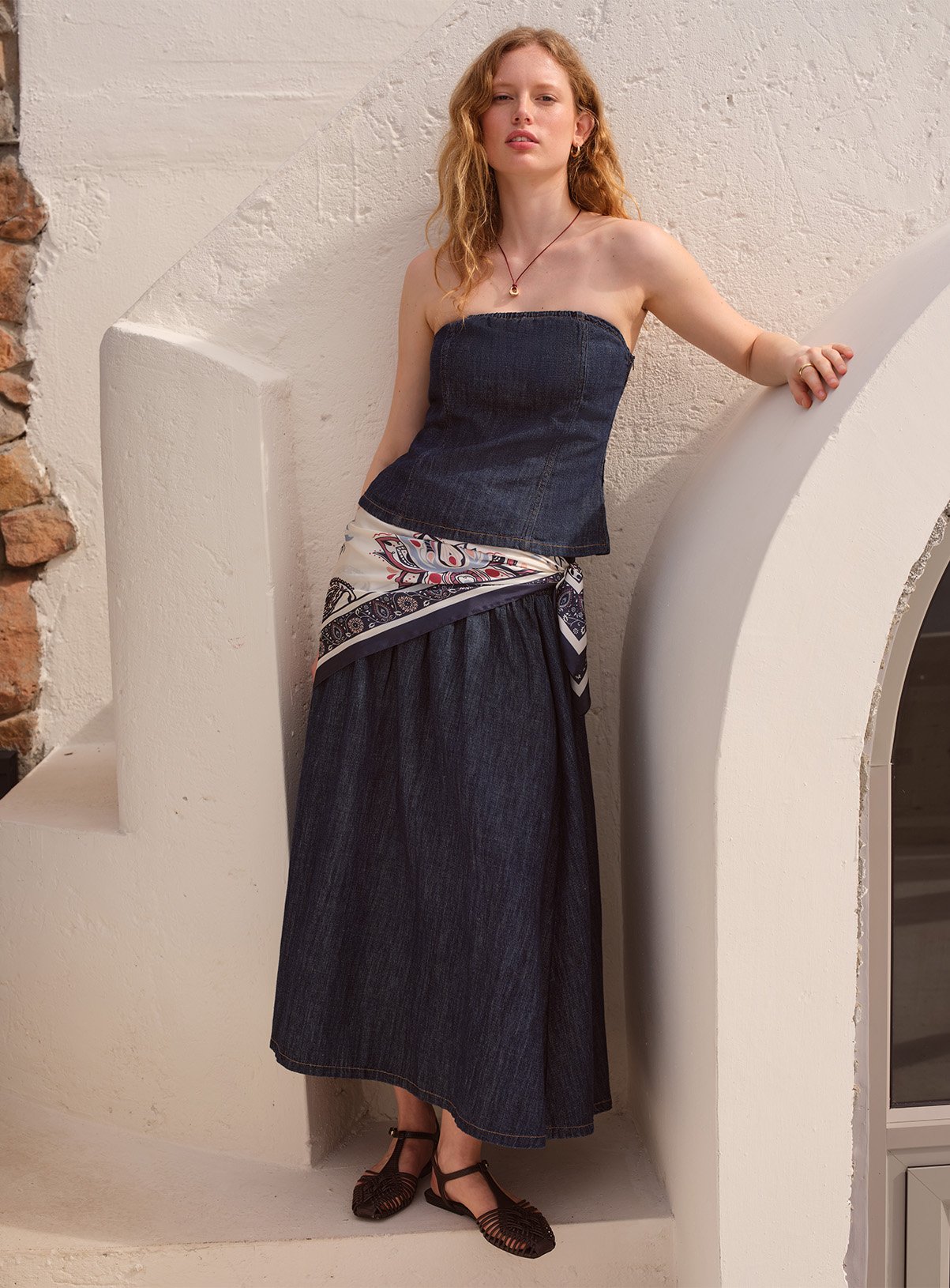 Dark Denim Linen Blend Shirred Full Skirt 