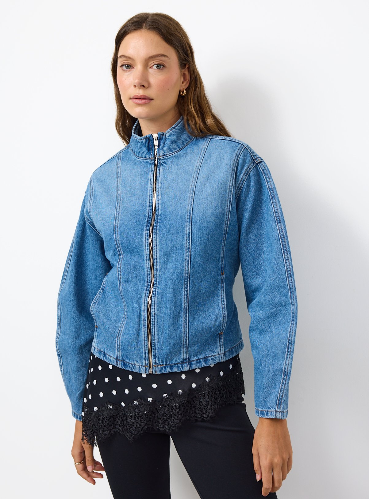 Funnel Neck Denim Belted Jacket 