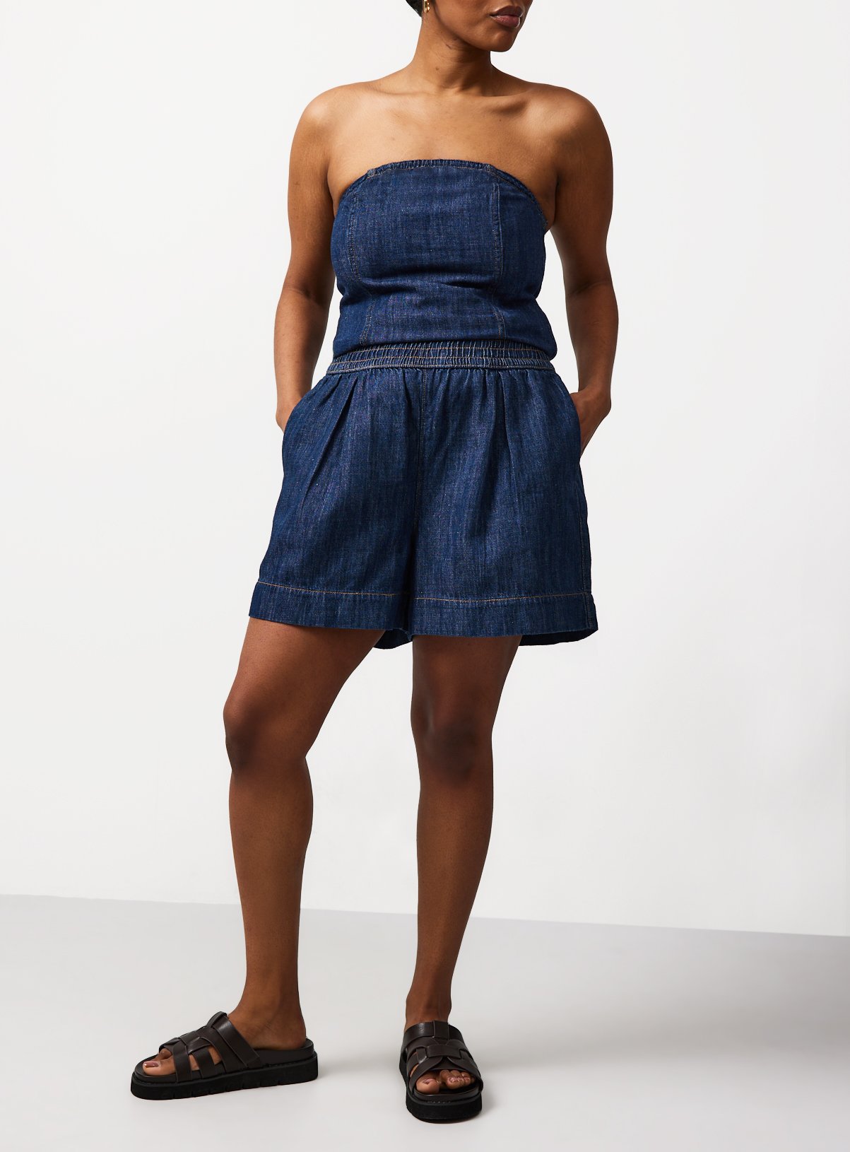 Dark Denim Linen Blend Pull On Co-ord Shorts 
