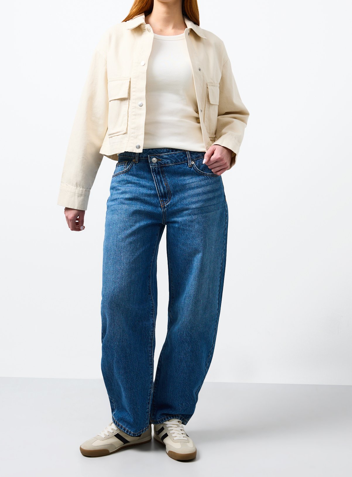 Mid Denim Cross Waist Barrel Leg Jeans
