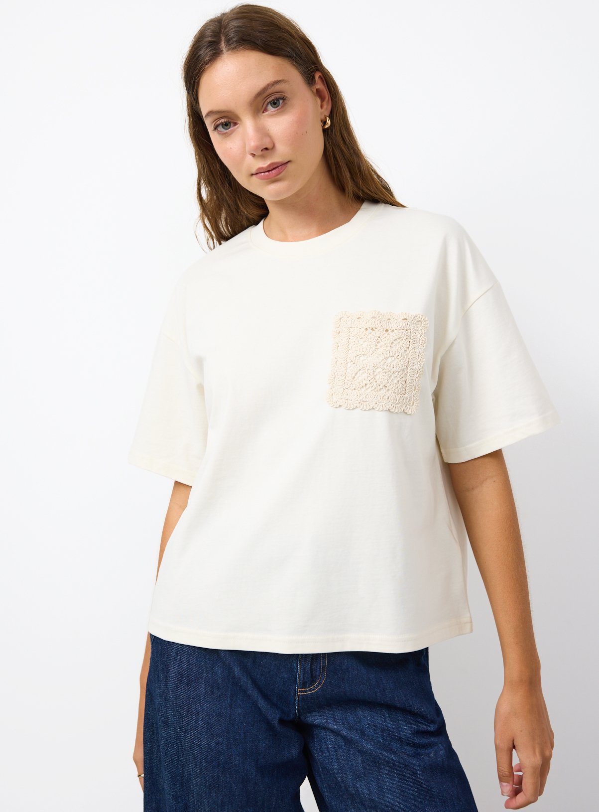 Cream Crochet Pocket Boxy T-Shirt 