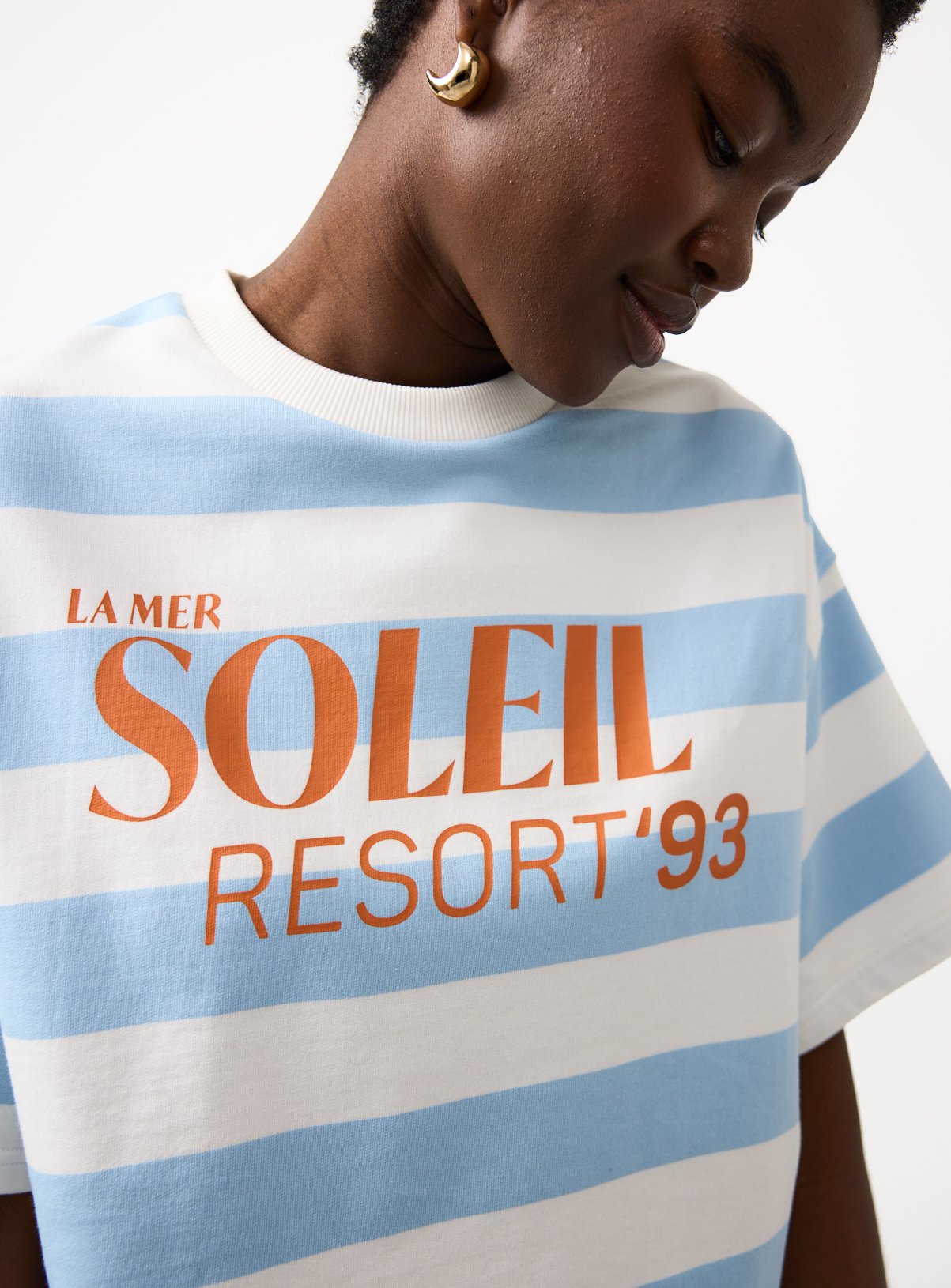 Blue Stripe Relaxed Fit Soleil Graphic Half Sleeve Co-ord Top 
