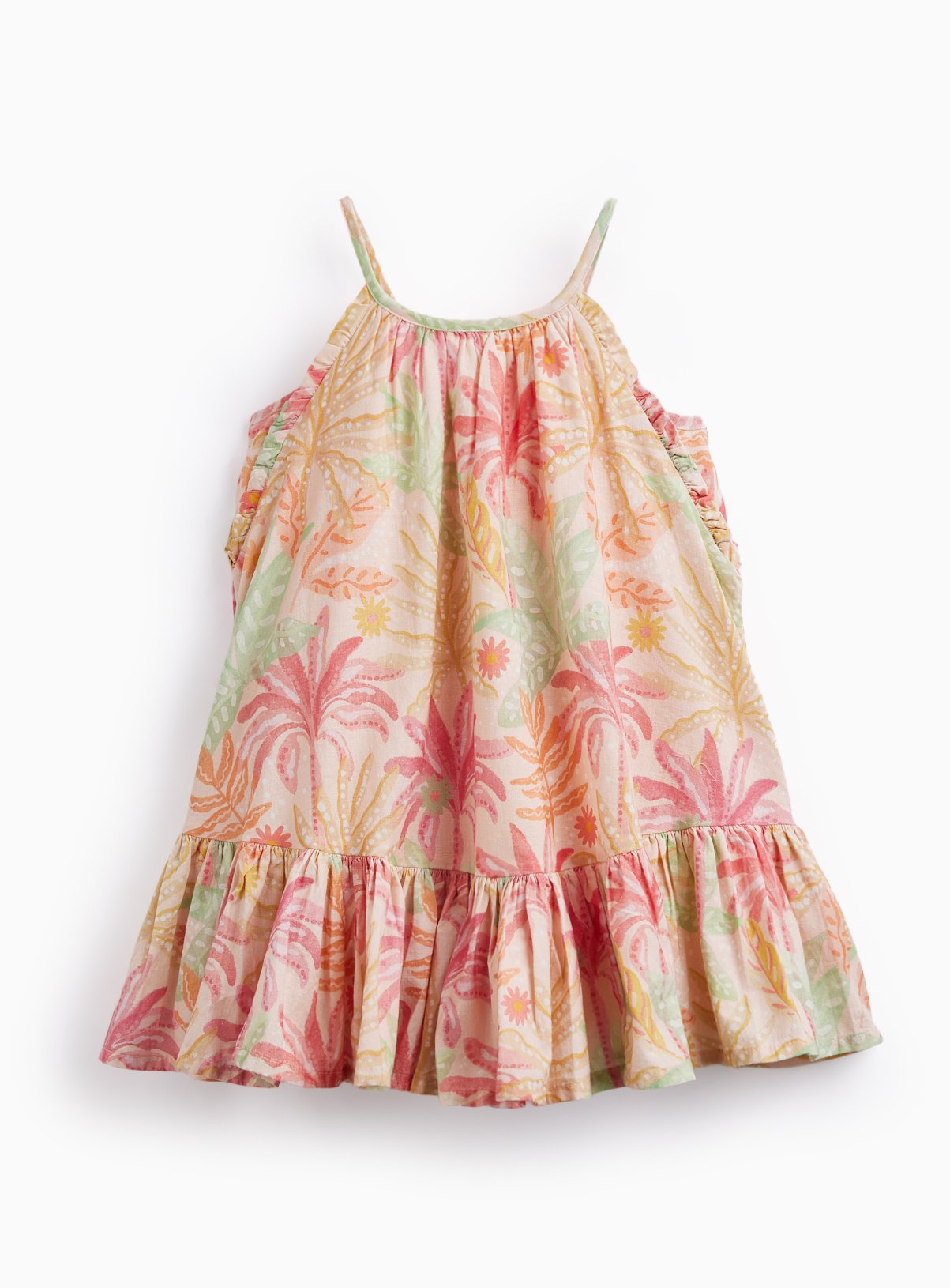 Pink Palm Tree Print Strappy Peplum Dress 