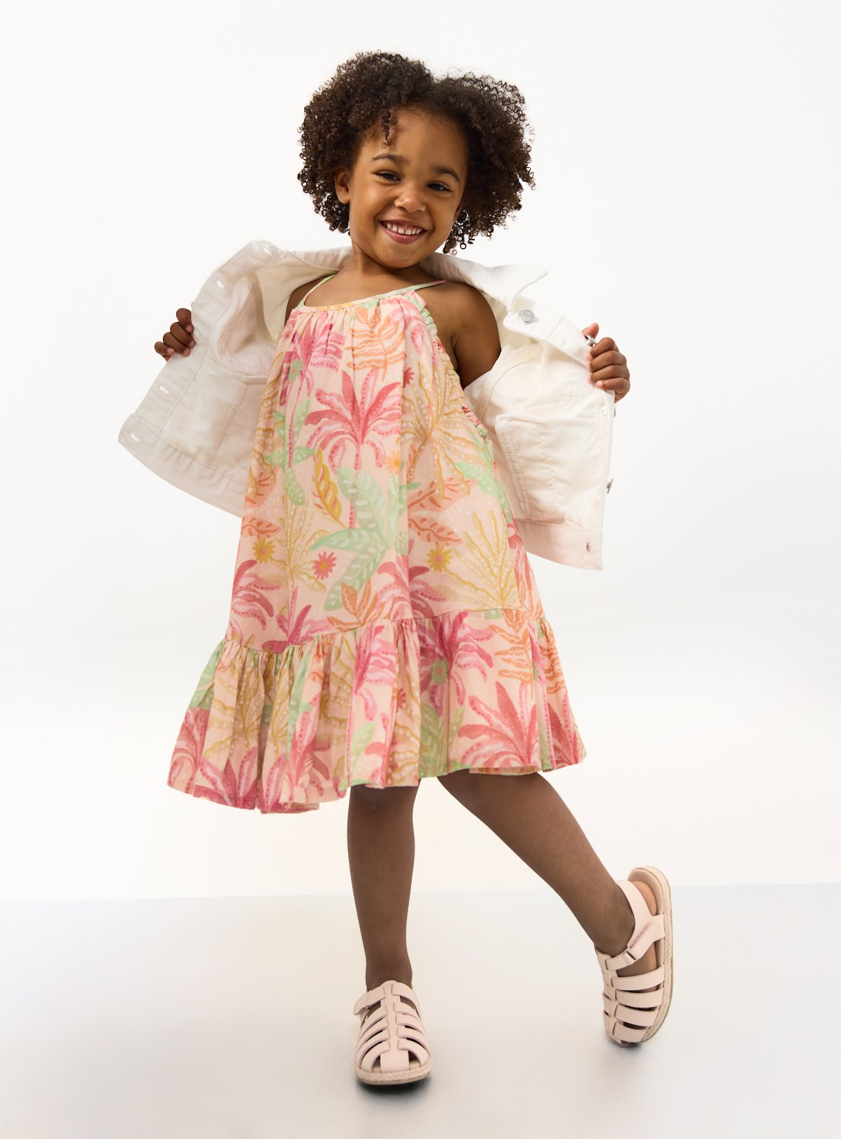 Pink Palm Tree Print Strappy Peplum Dress 