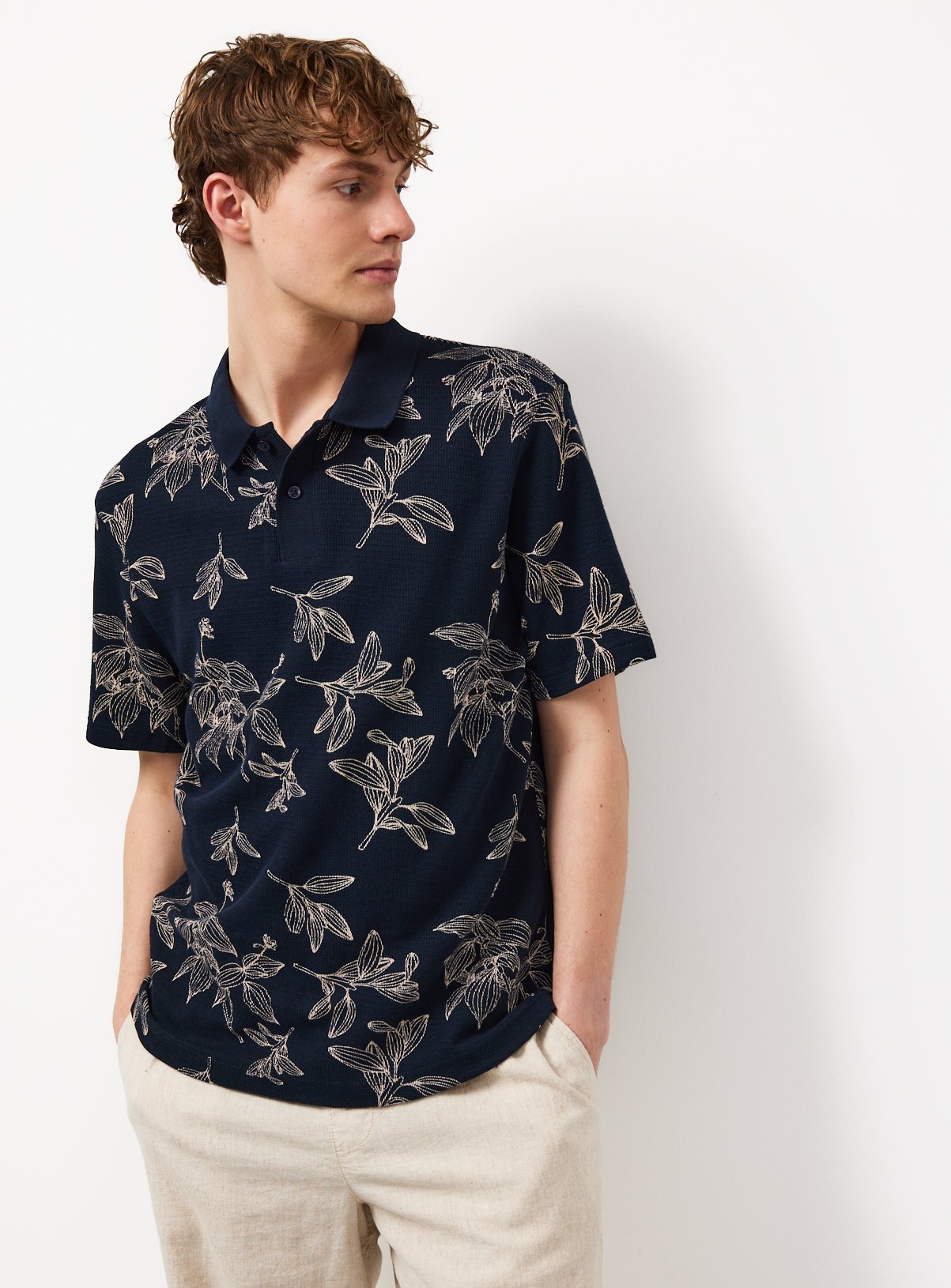 Navy Textured Floral Print Polo Shirt M