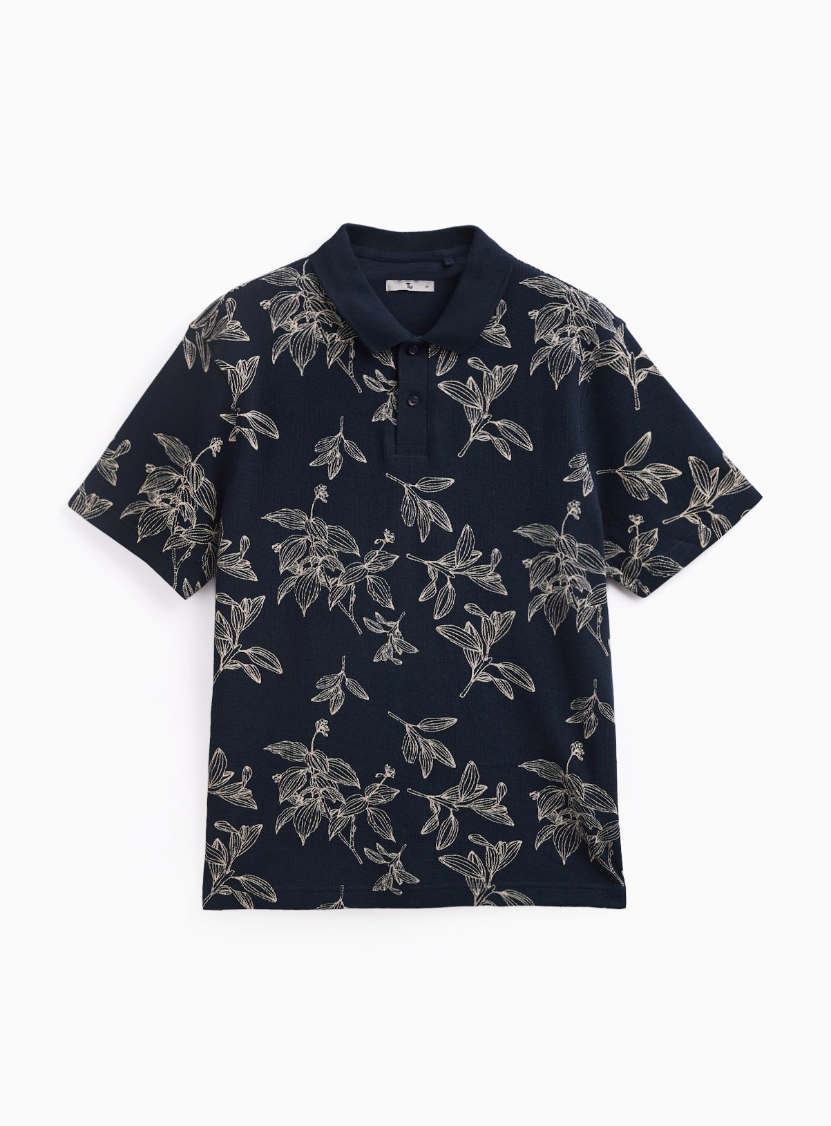 Navy Textured Floral Print Polo Shirt XXXL