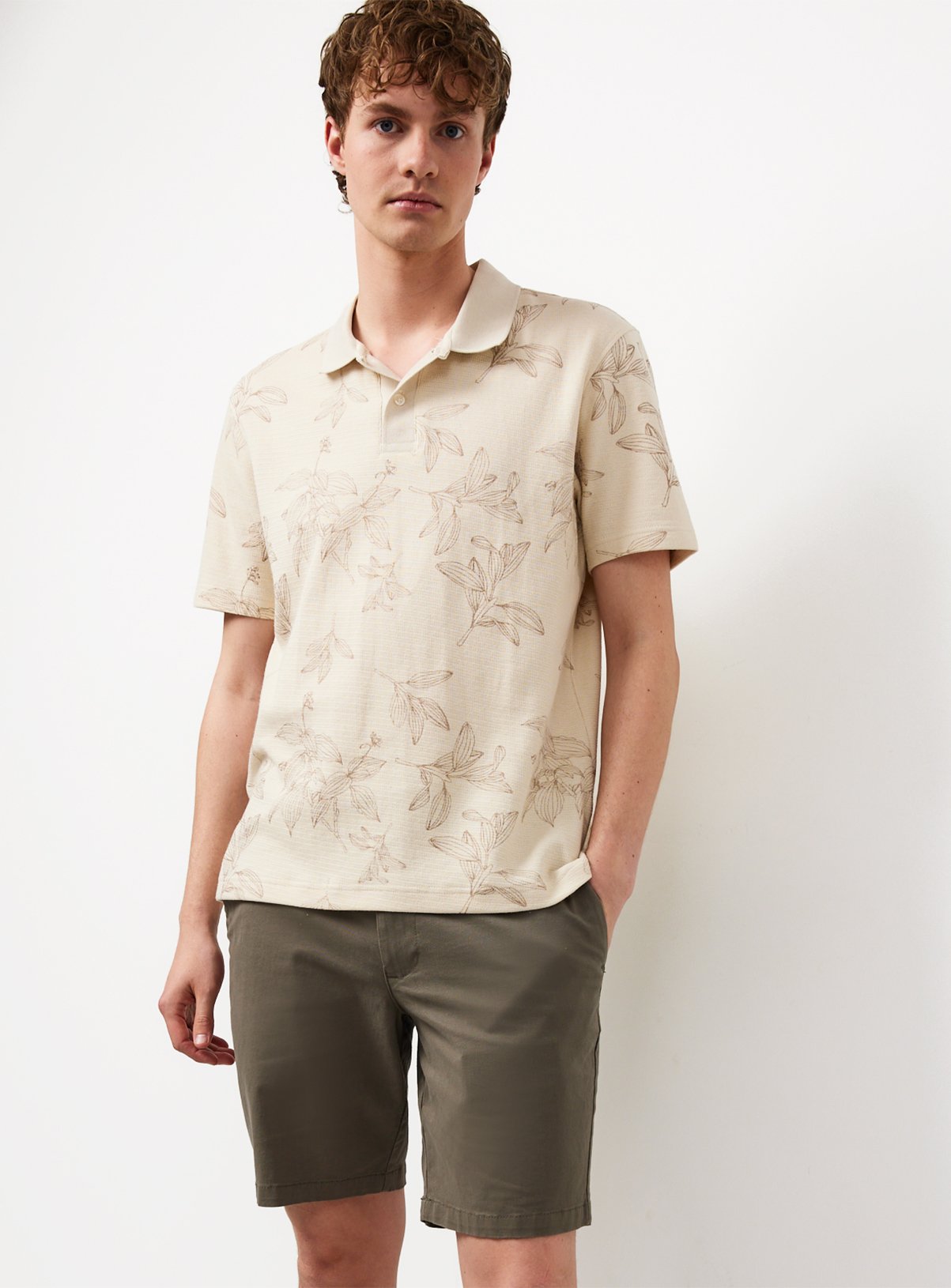 Cream Textured Floral Print Polo Shirt S