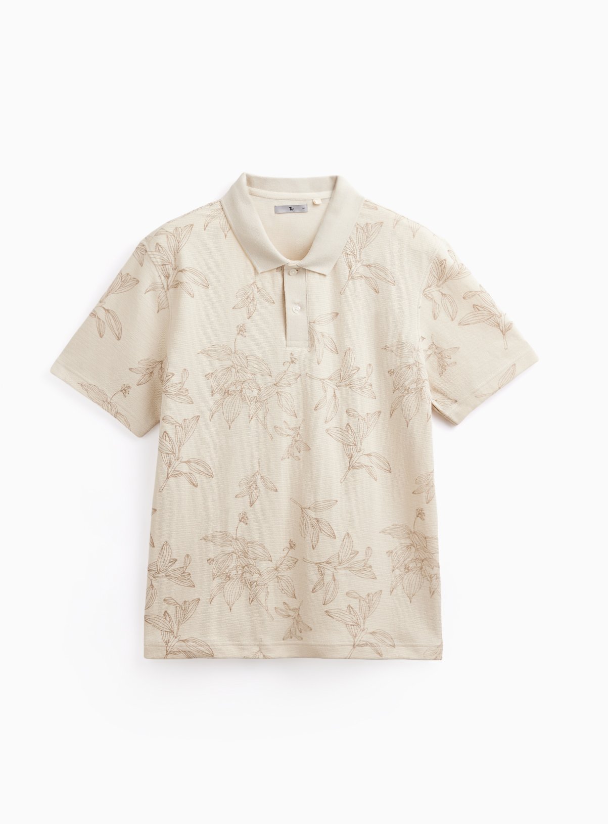 Cream Textured Floral Print Polo Shirt XXXXL
