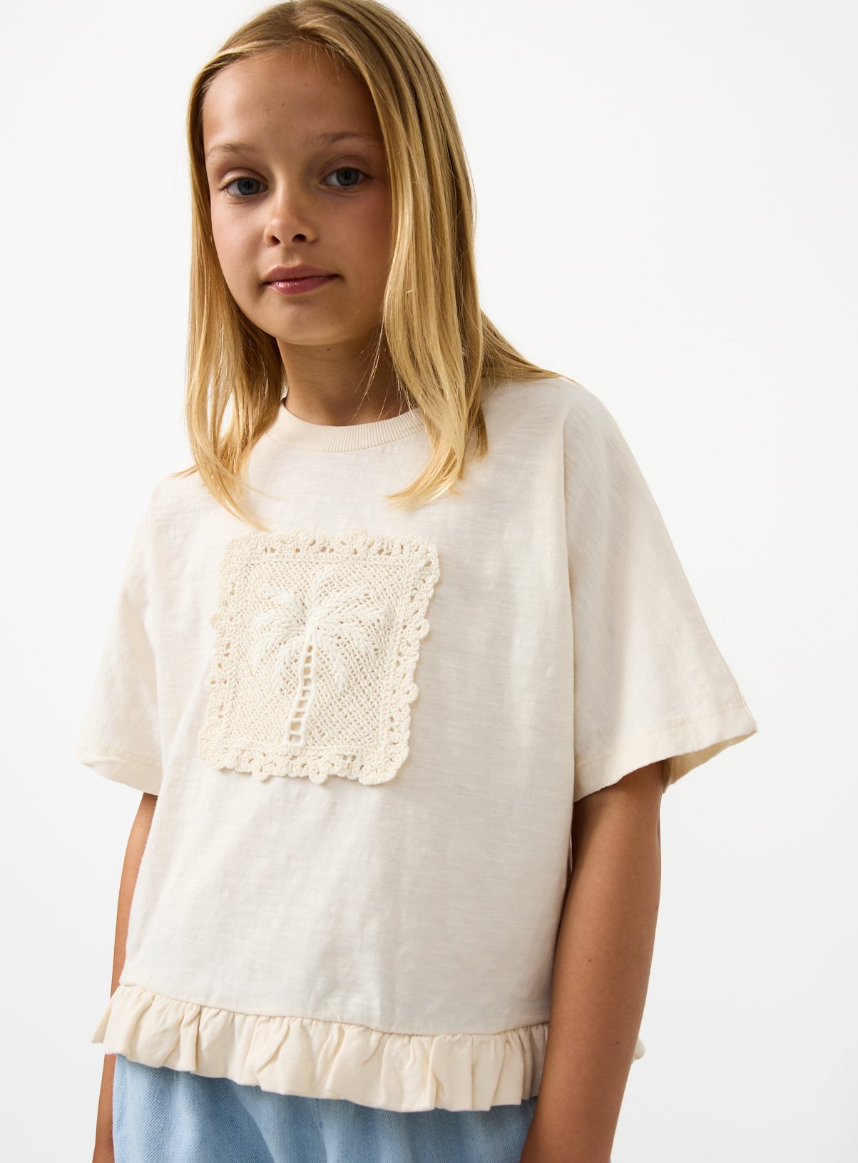 Cream Palm Tree Crochet Detail T-Shirt 6 years