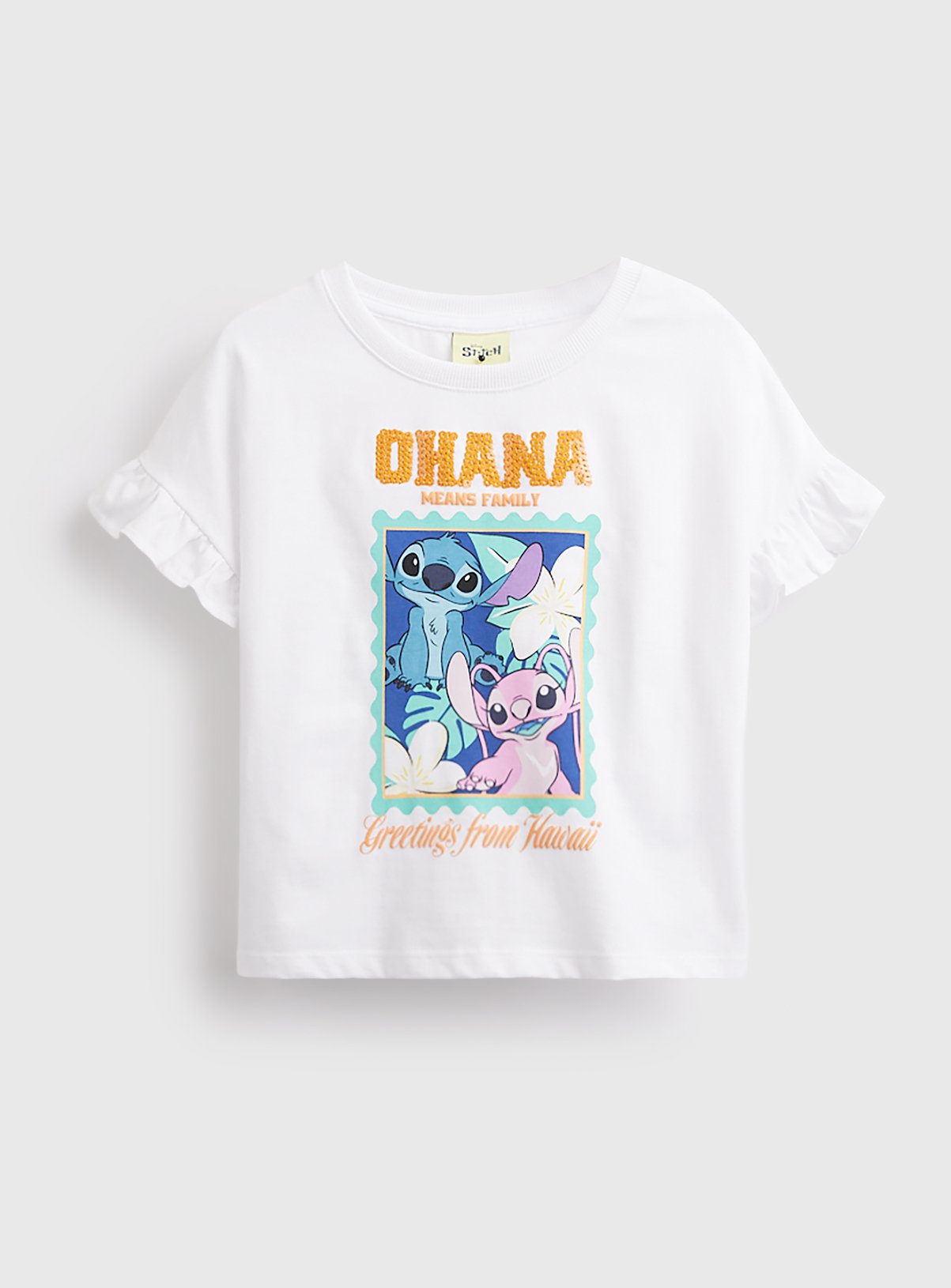 White Lilo & Stitch Graphic Frill Sleeve T-Shirt 