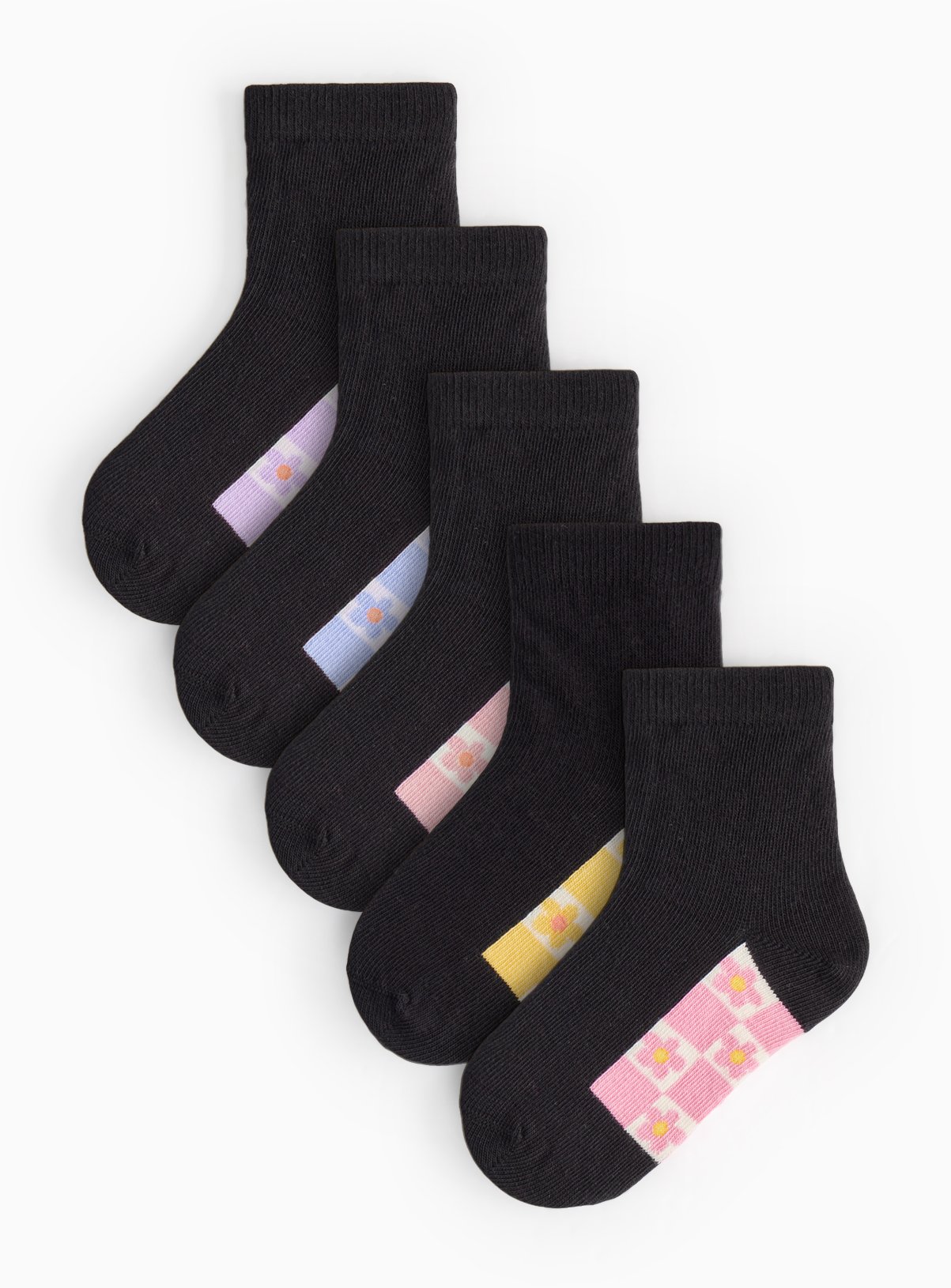 Black Floral Print Footbed Ankle Socks 5 Pack 