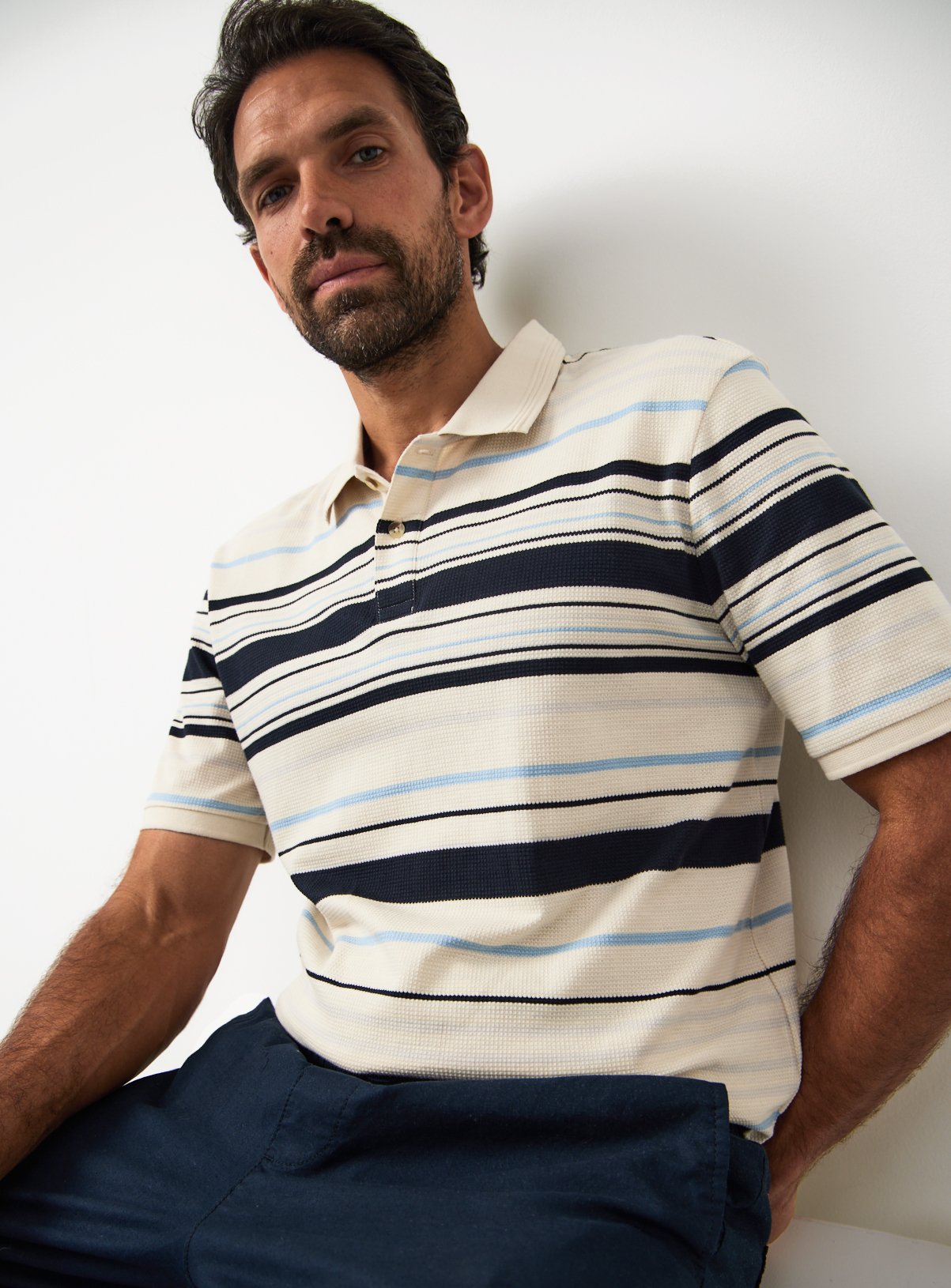 Cream Stripe Print Textured Polo Shirt 