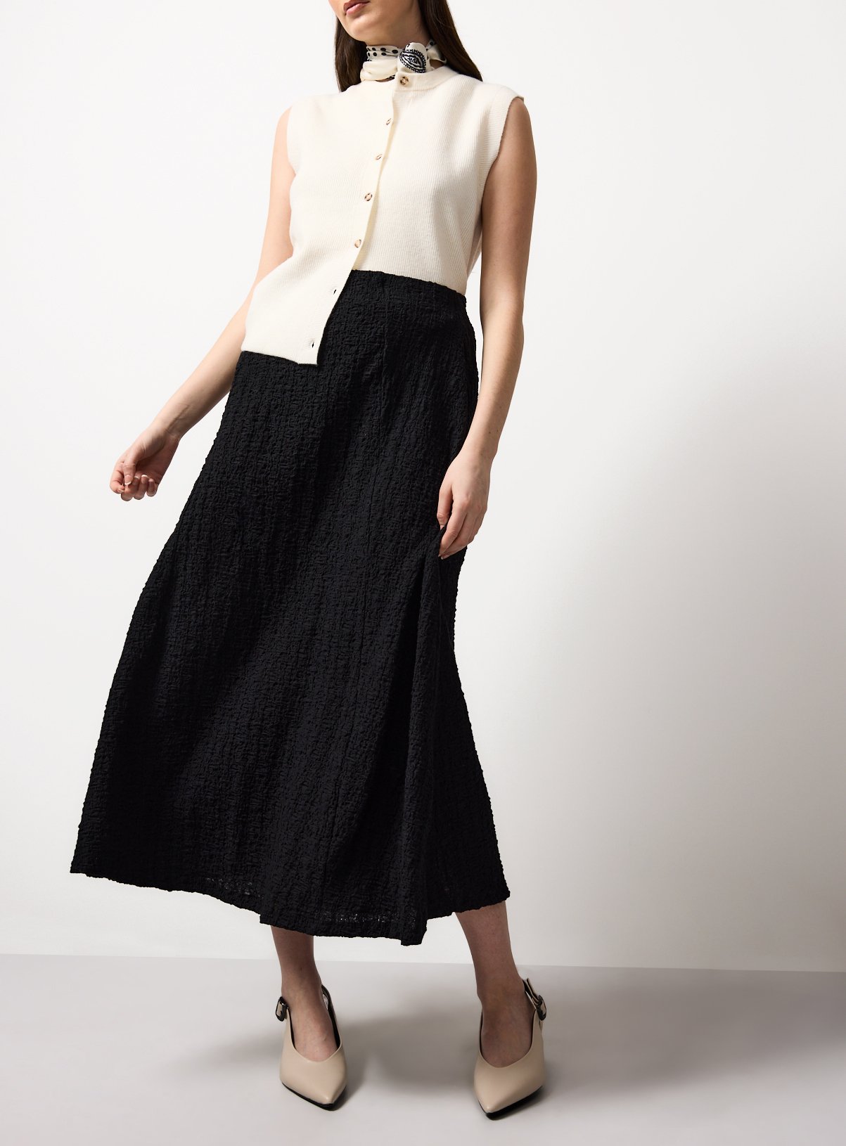 Black Jersey Crinkle Textured Midaxi Skirt 