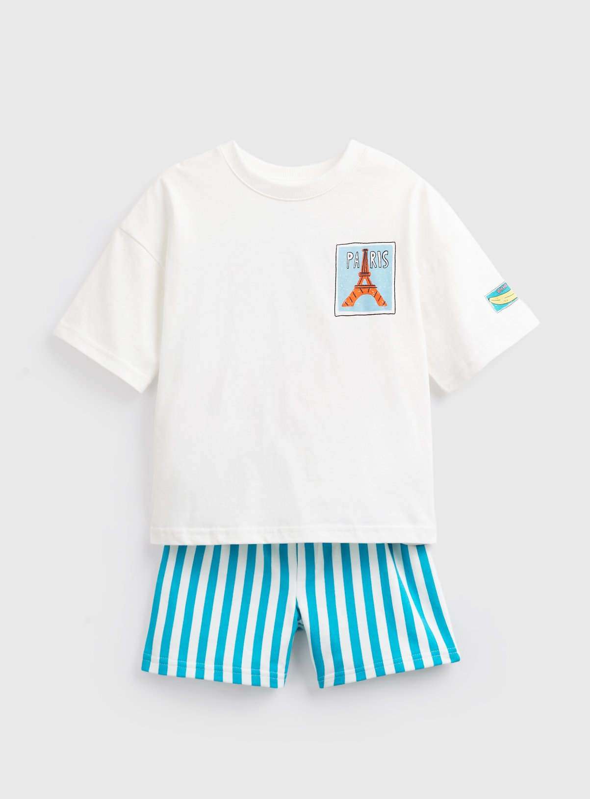White Stamp Print T-Shirt & Shorts Set
