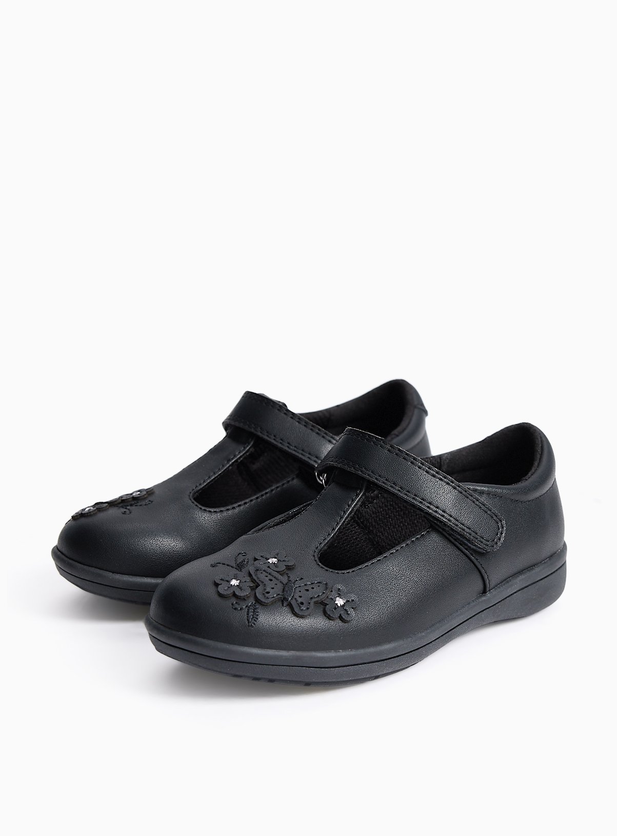 Black Coated Leather Butterfly Detail Slim Sole T-Bar School Shoes 