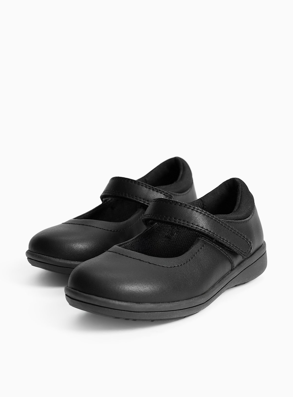 Black Coated Leather Slim Sole Mary Jane School Shoes 