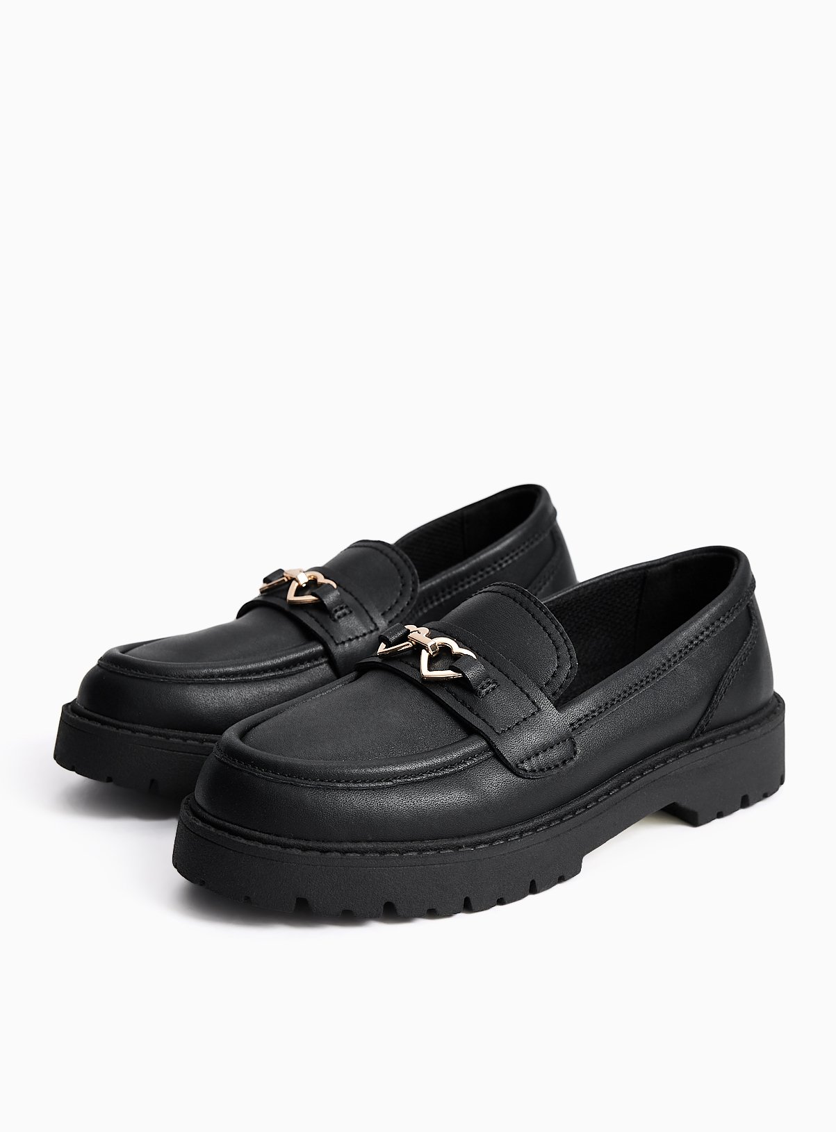 Black Coated Leather Heart Detail Chunky Loafers 