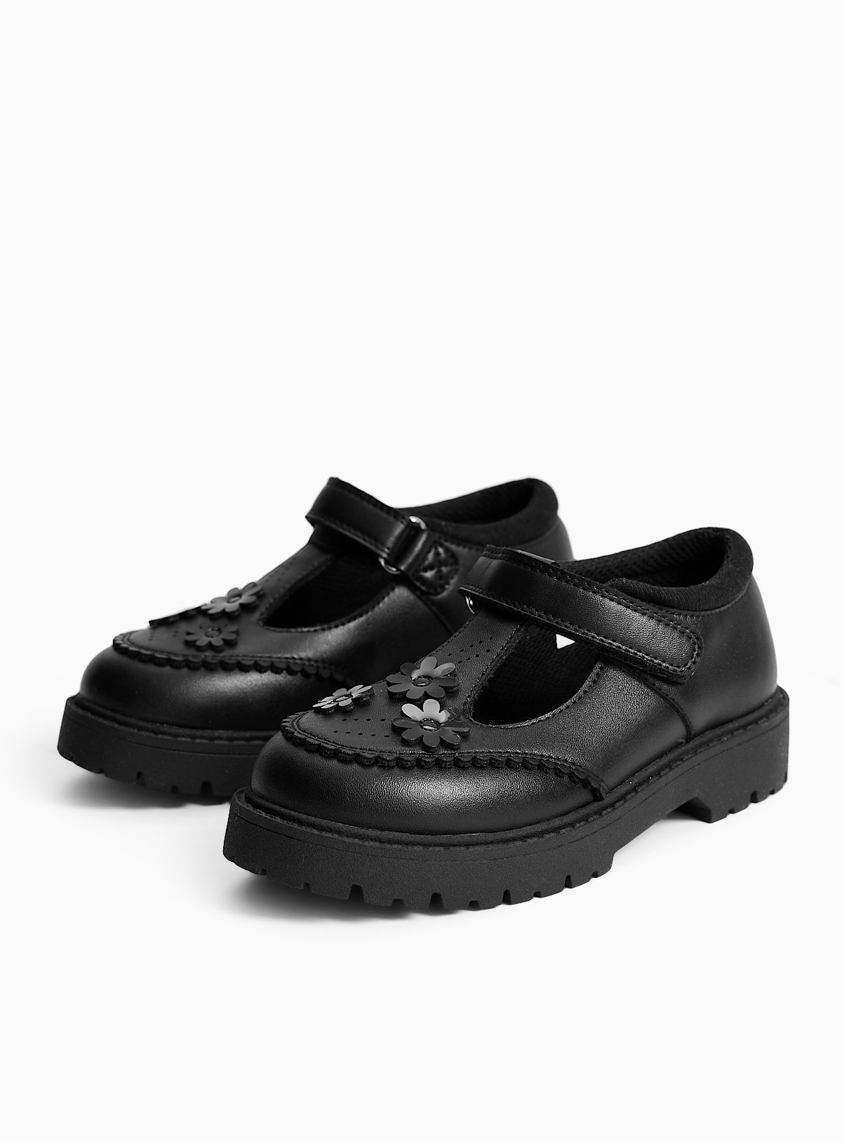 Black PU Chunky Floral Detail T-Bar School Shoes 