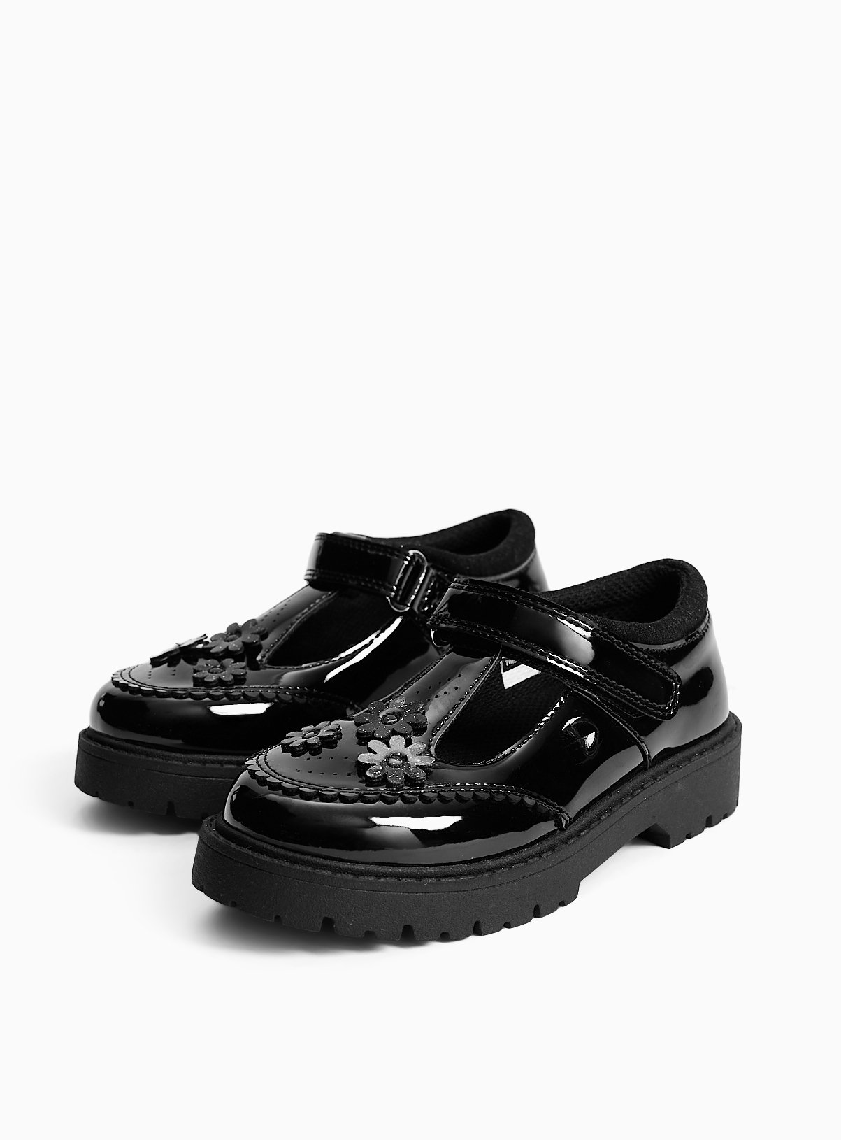 Black PU Patent Chunky Floral Detail T-Bar School Shoes 