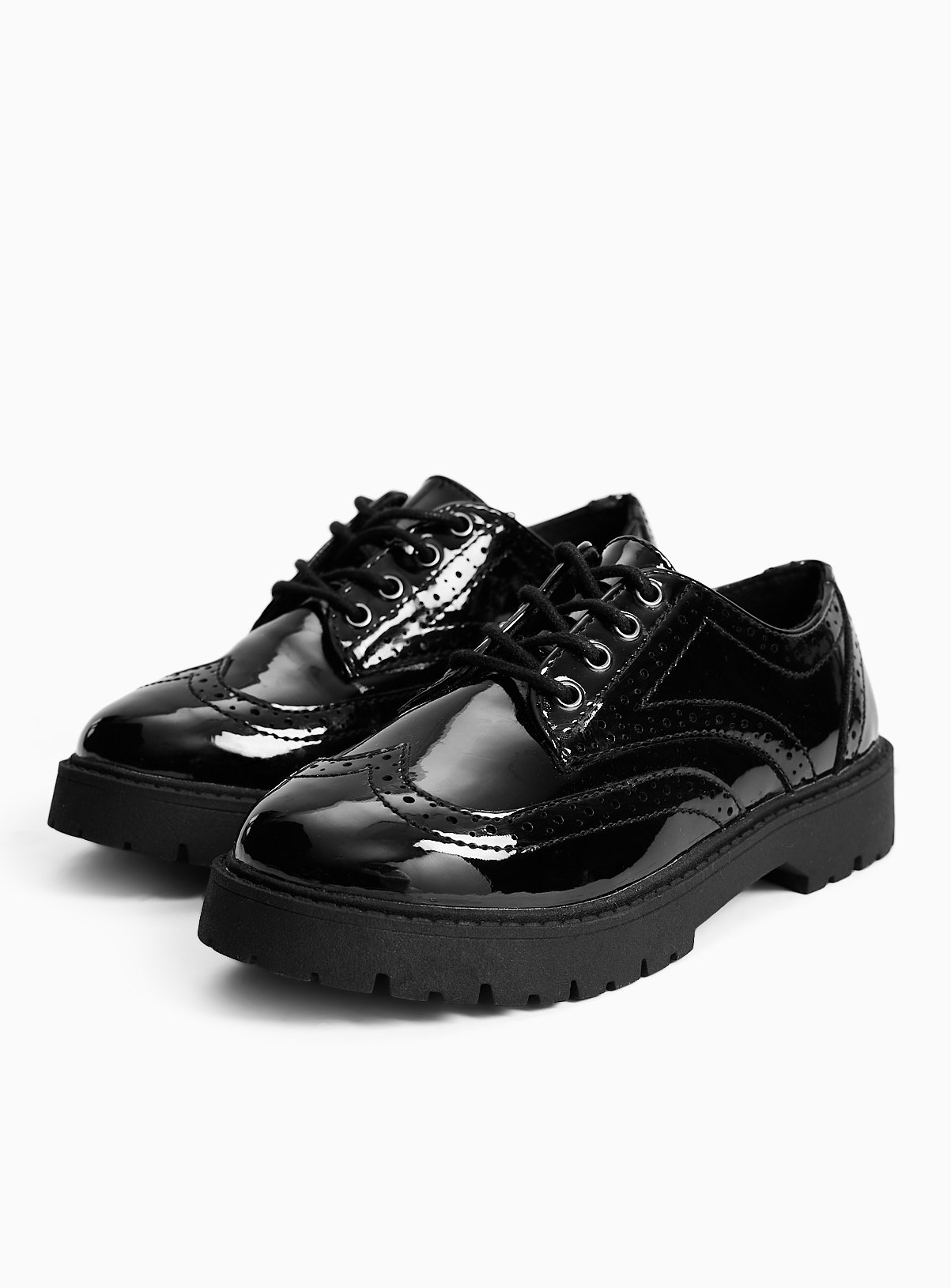 Black PU Patent Chunky Brogue School Shoes 