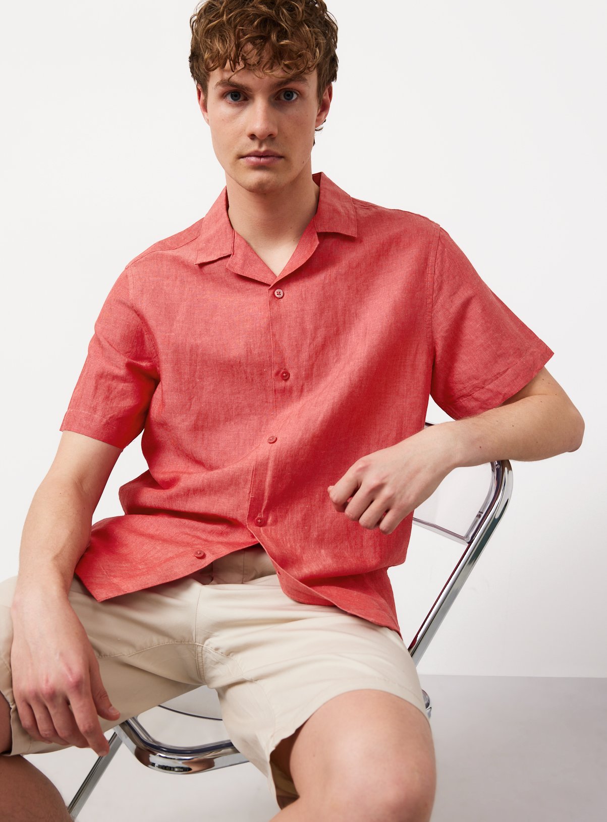 Red Linen Blend Revere Shirt M