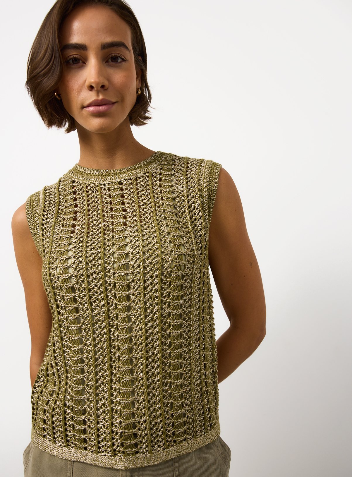 Khaki Sequin Detail Knitted Vest XS