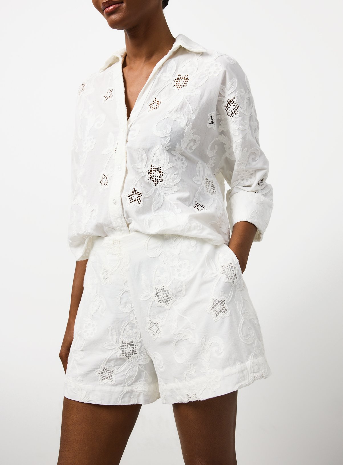 White Lace Broderie Detail Tailored Shorts 