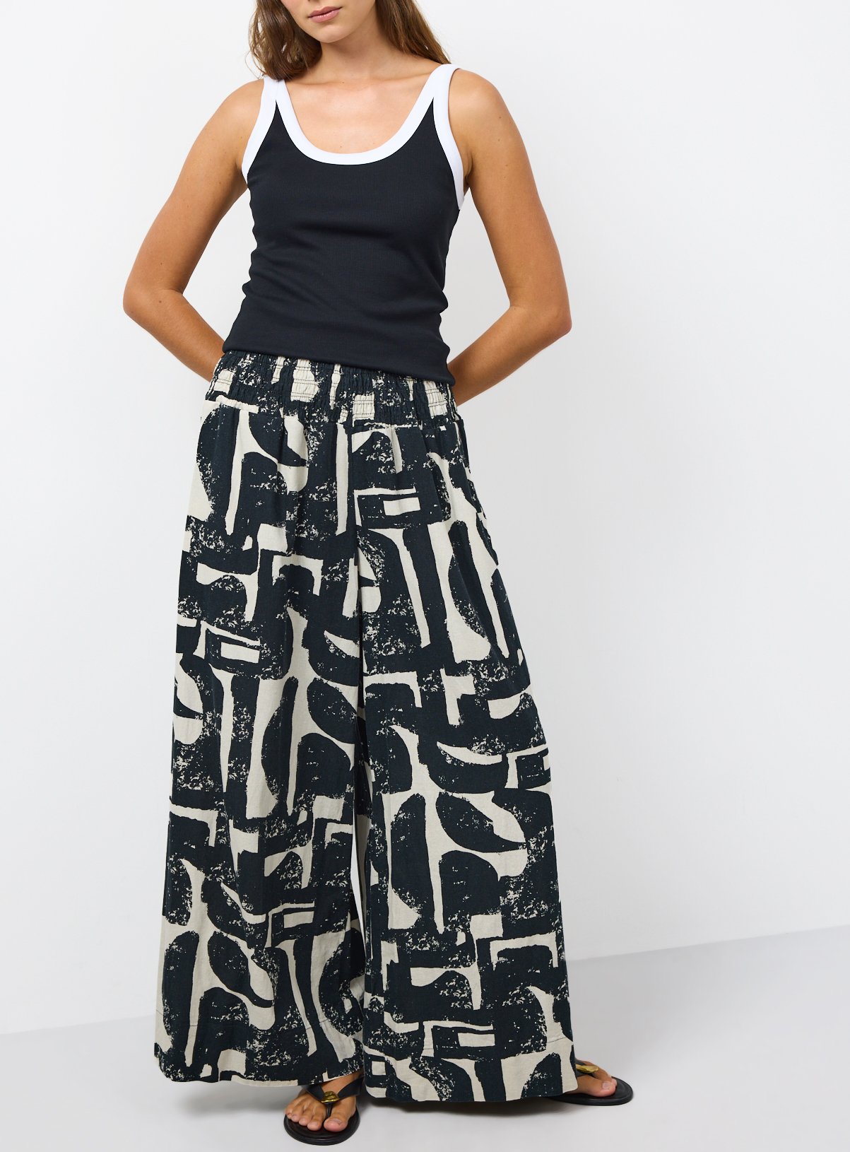Mono Print Linen Rich Wide Leg Trousers