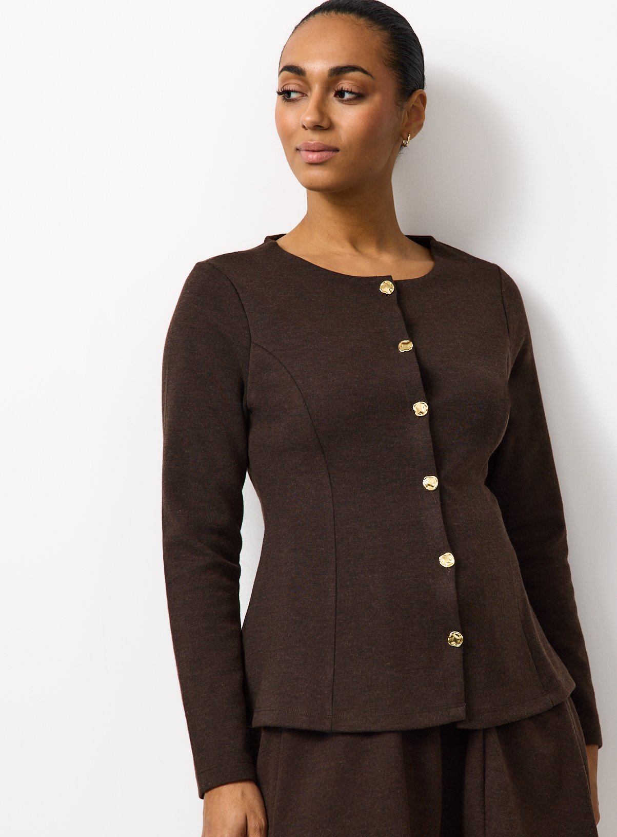 Brown Button Detail Peplum Co-ord Cardigan