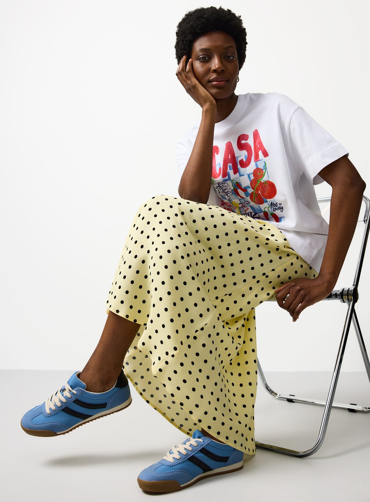 Yellow Polka Dot Print Midaxi Slip Skirt 