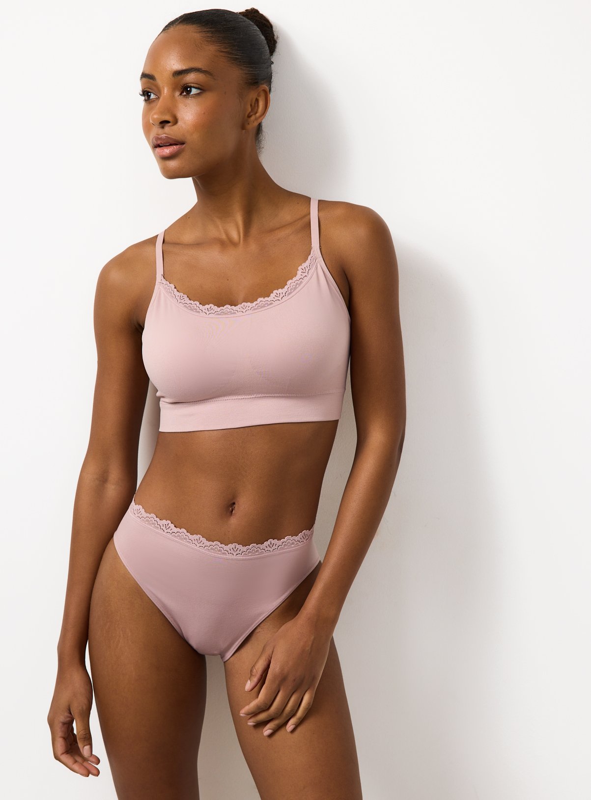 Brown Seamless Lace Trim High Leg Knickers 