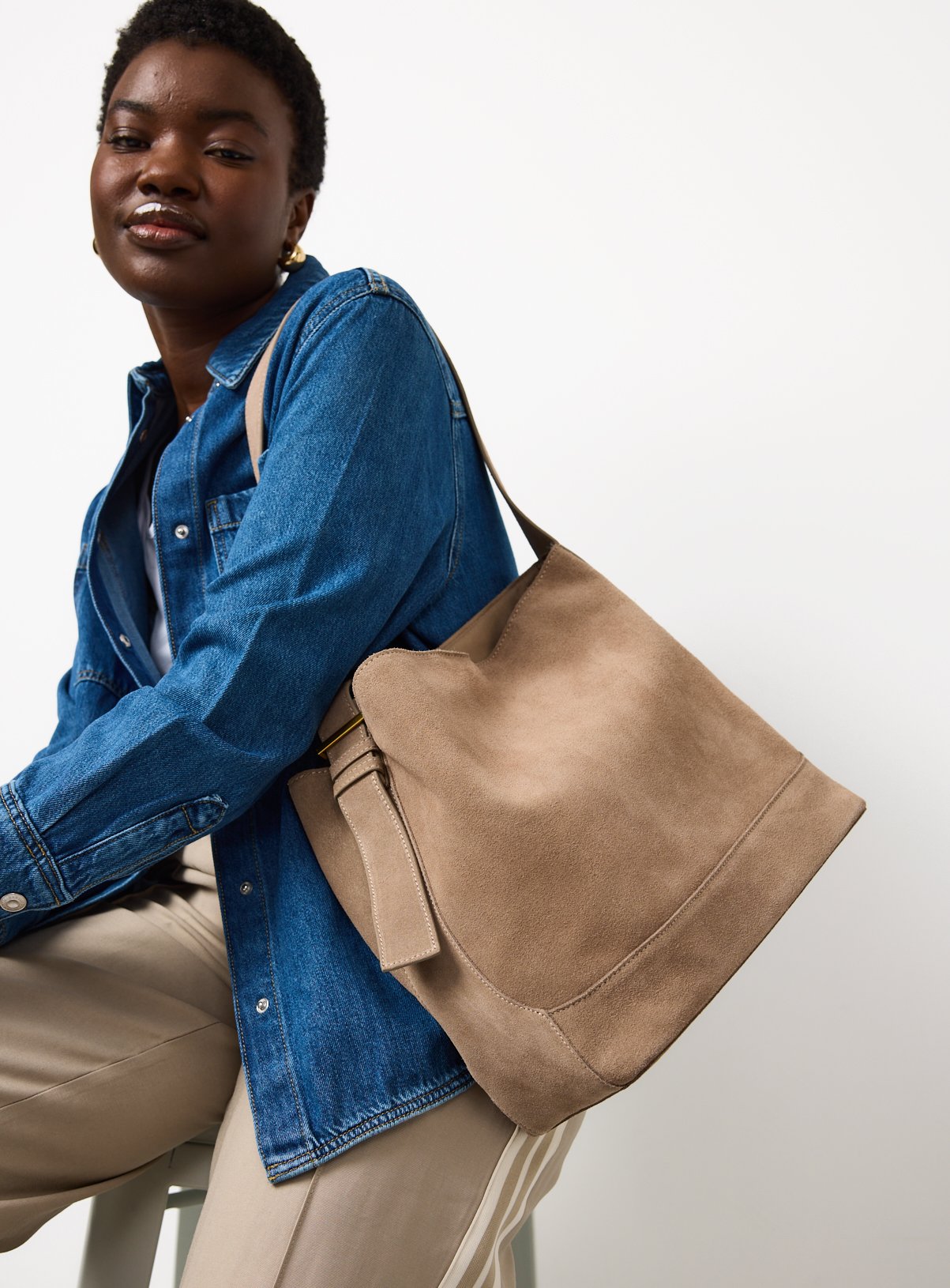 Neutral Suede Bucket Bag One Size