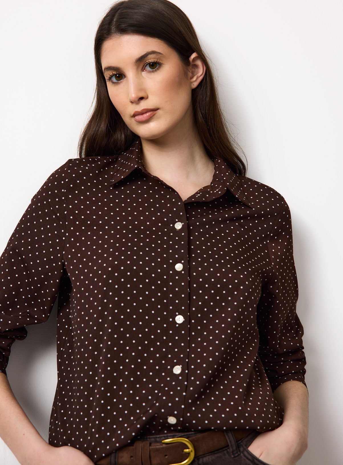 Brown Micro Spot Long Sleeve Shirt 22