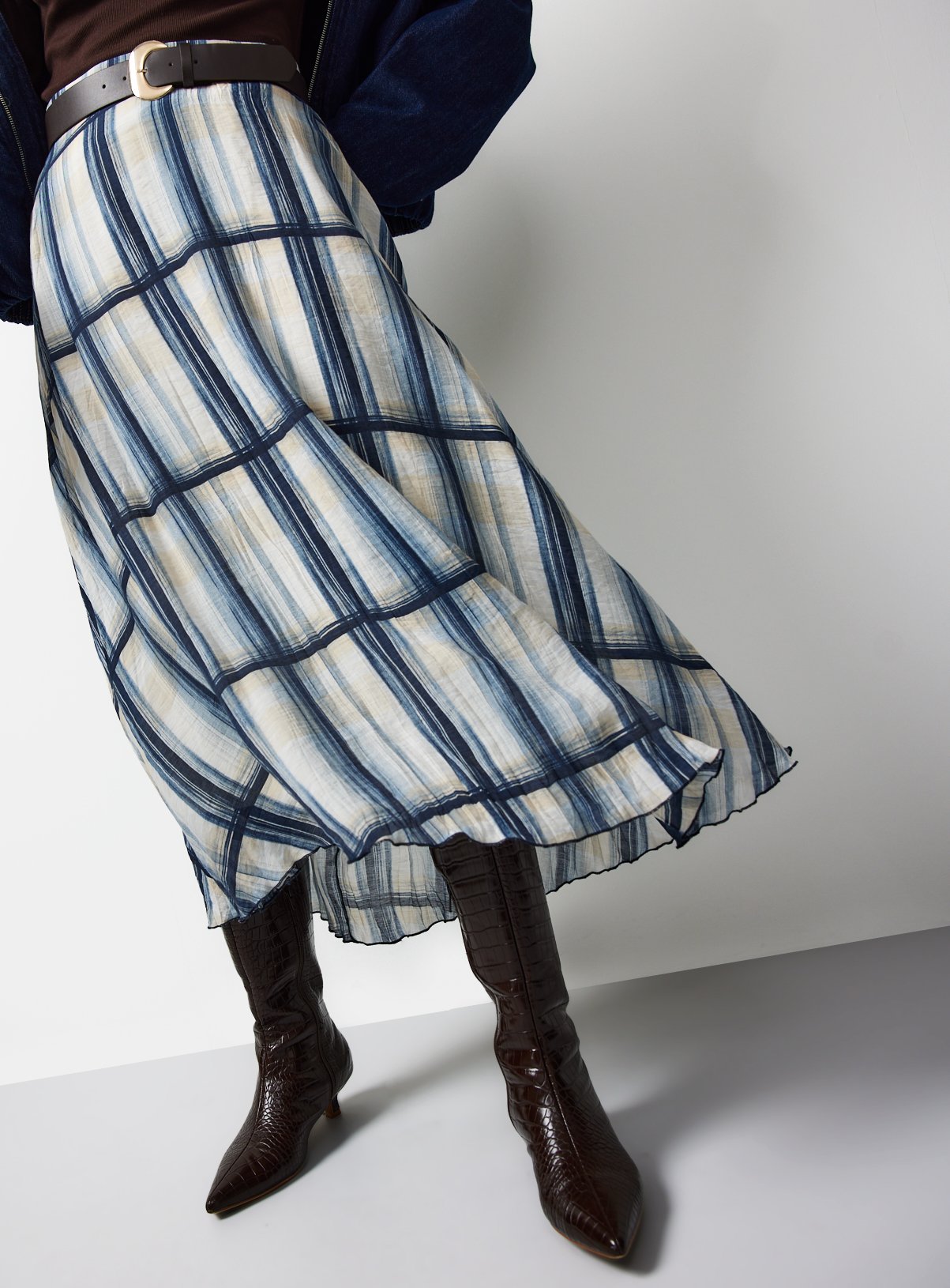 Mono Belted Crinkle Check Midaxi Skirt